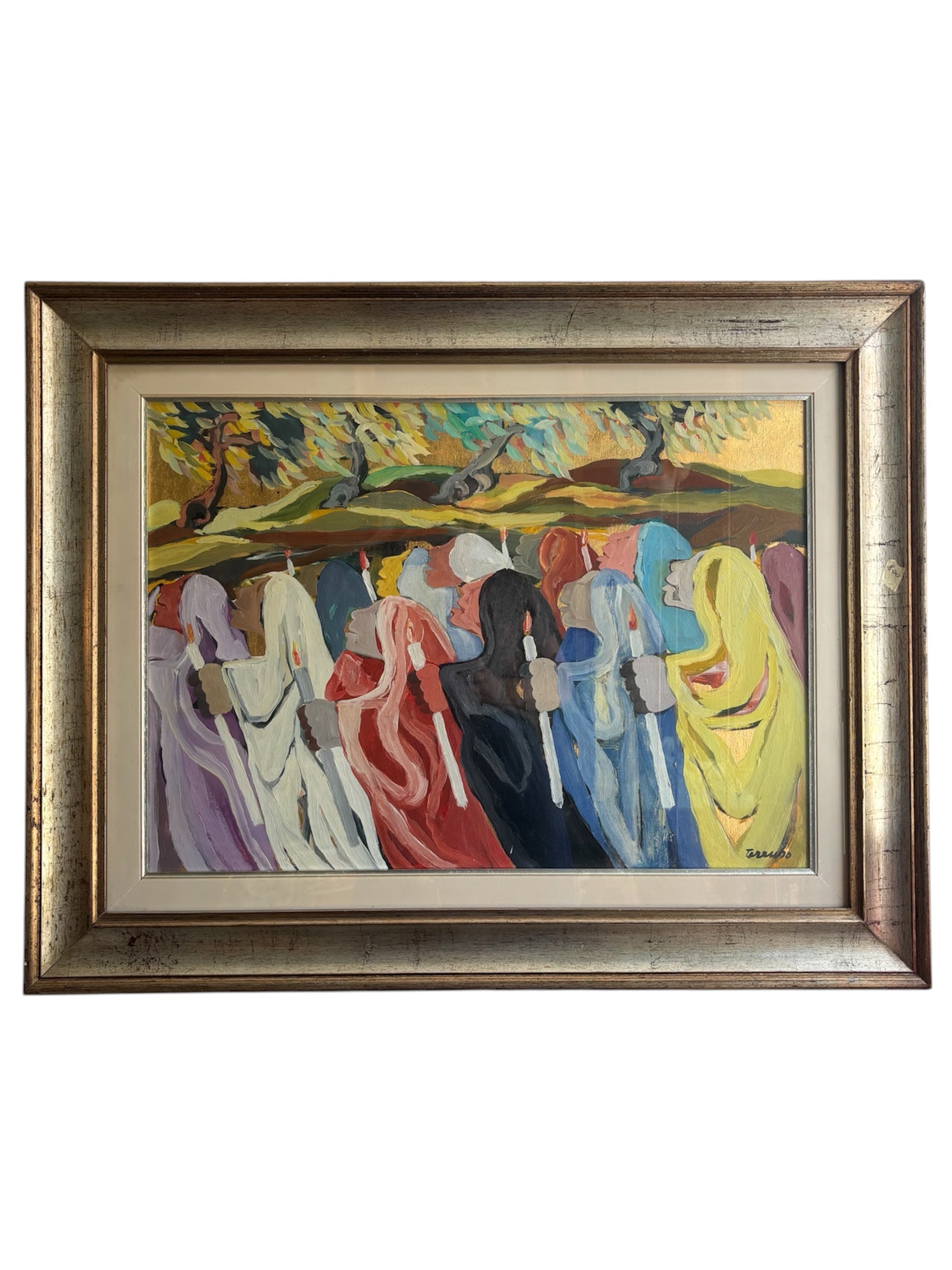 Dipinto Olio su Tela 'La Processione' di Saverio Terruso Anni 70