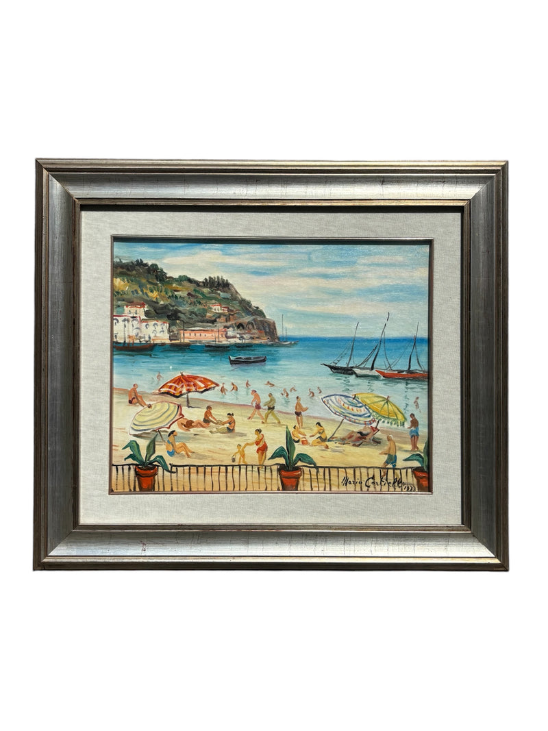 Dipinto Olio su Tela 'Alla Spiaggia' di Mario Cortiello Anni 60