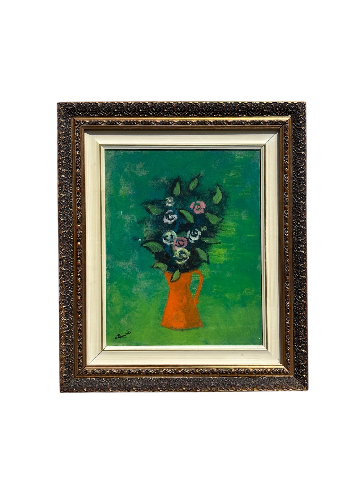 Oil Painting on Canvas of Vase of Flowers in Green by Gian Rodolfo D'Accardi 1970s
