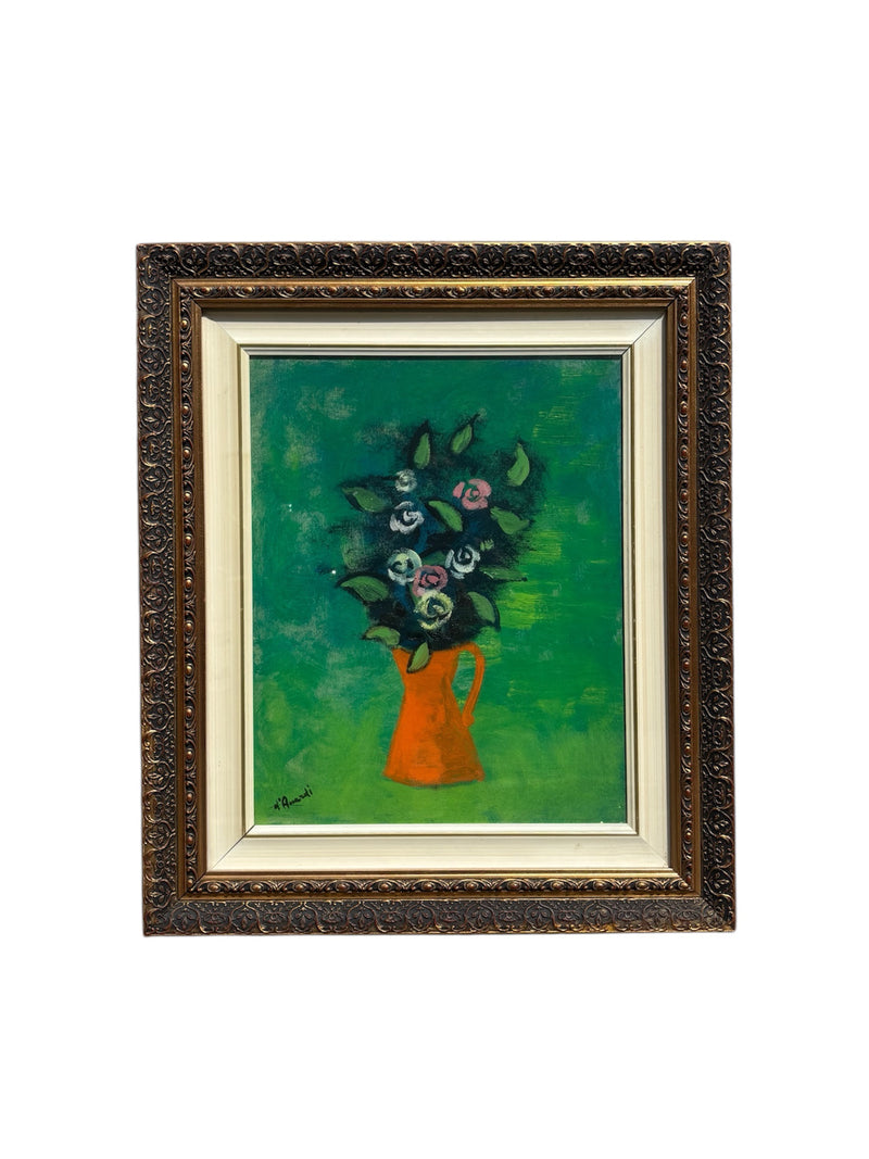 Dipinto Olio su Tela di Vaso di Fiori in Verde di Gian Rodolfo D'Accardi Anni '70