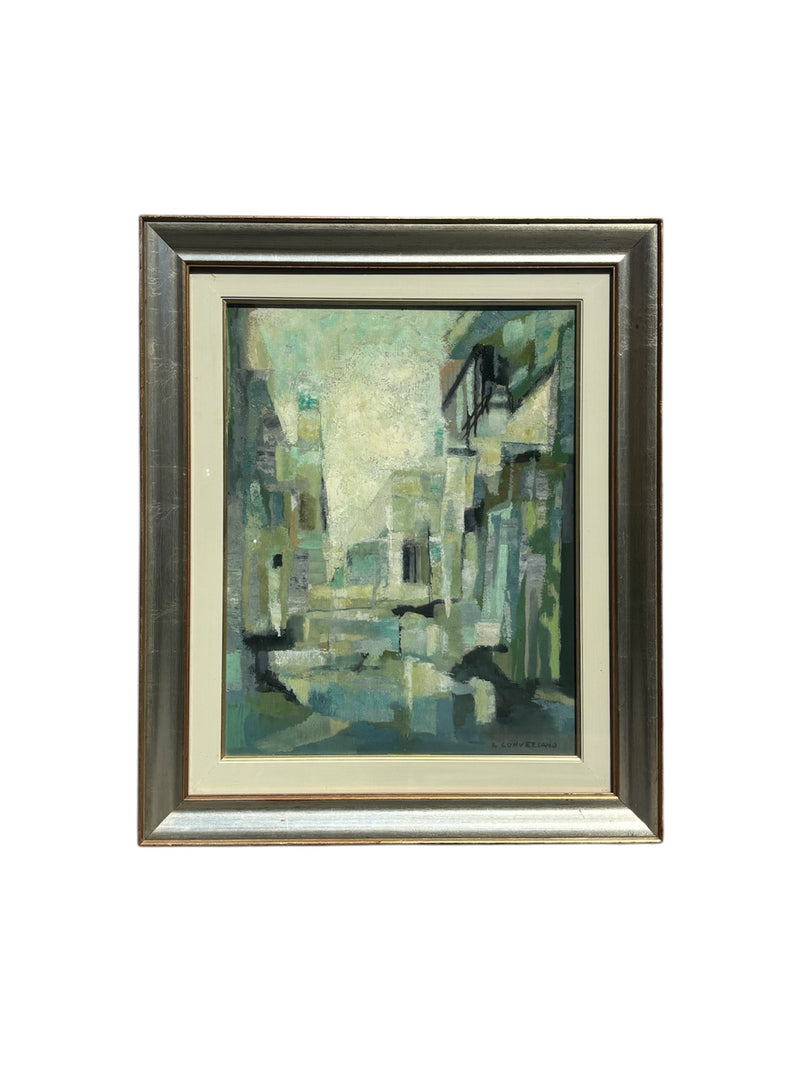 Dipinto Olio su Tavola di Paesaggio Urbano di Romano Conversano Anni 70