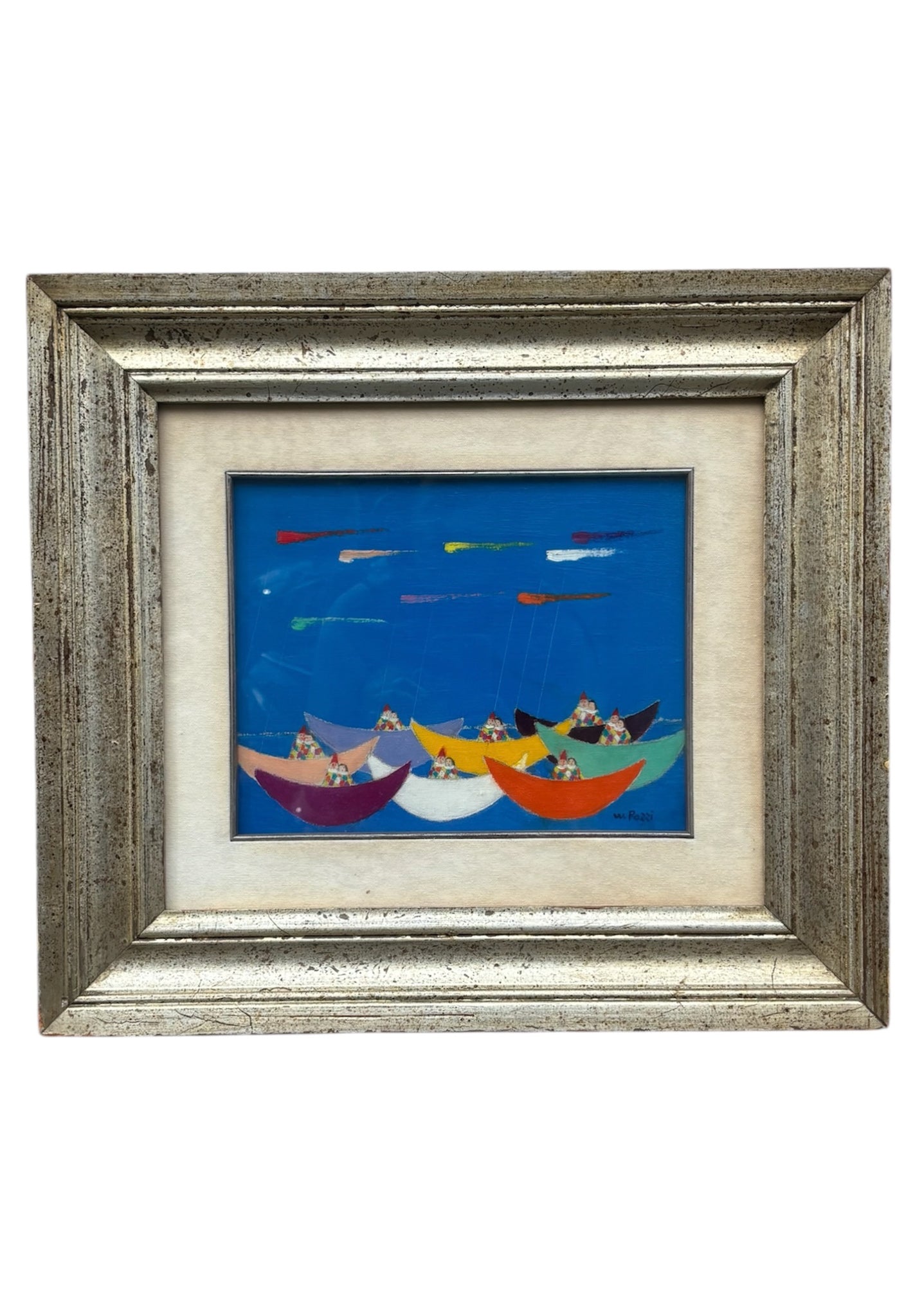 Oil Painting on Canvas by Walter Pozzi 'Regatta of Lovers' 70s