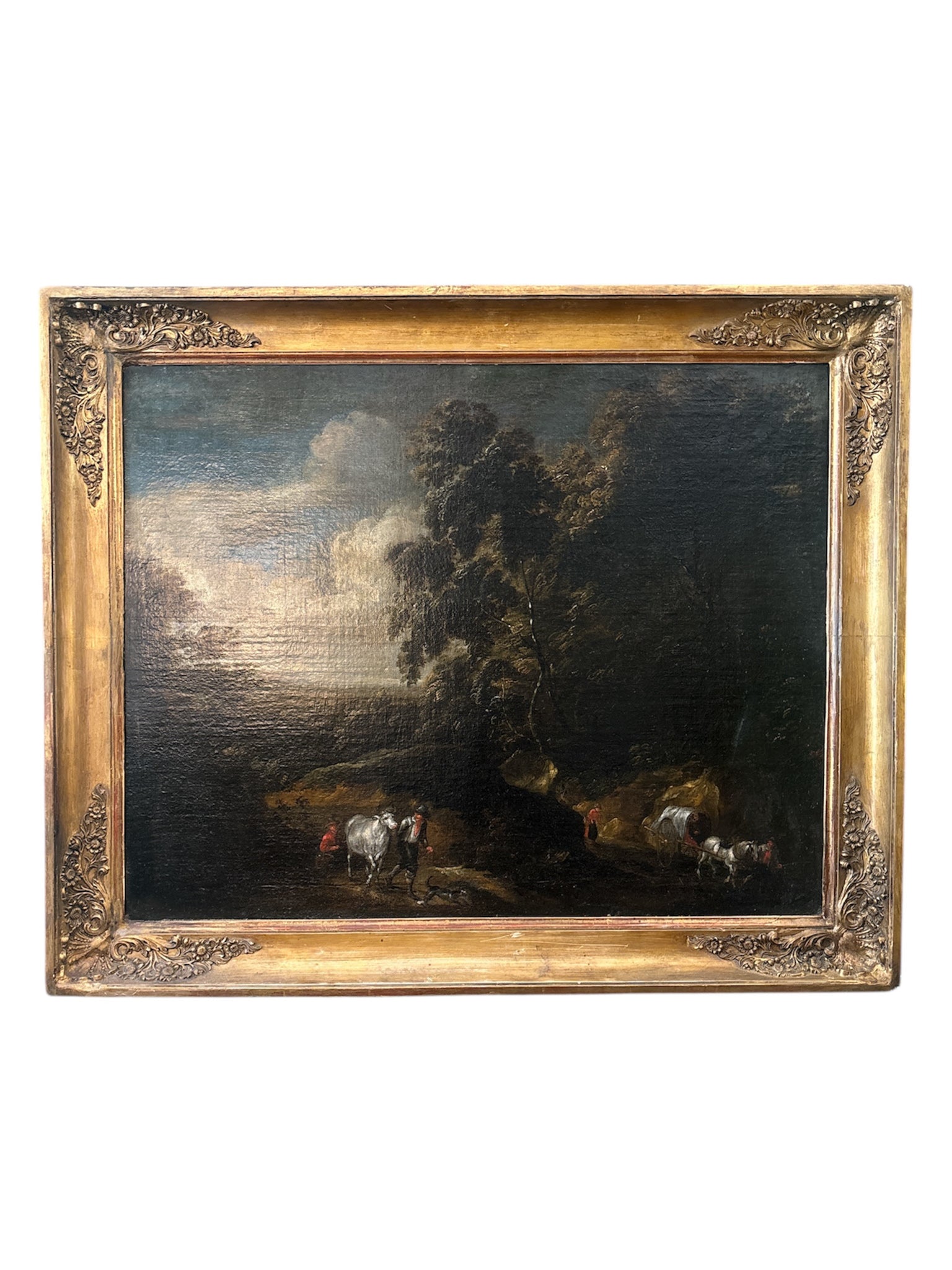 Flemish Painting Oil on Canvas of Landscape with Figures from the 18th Century