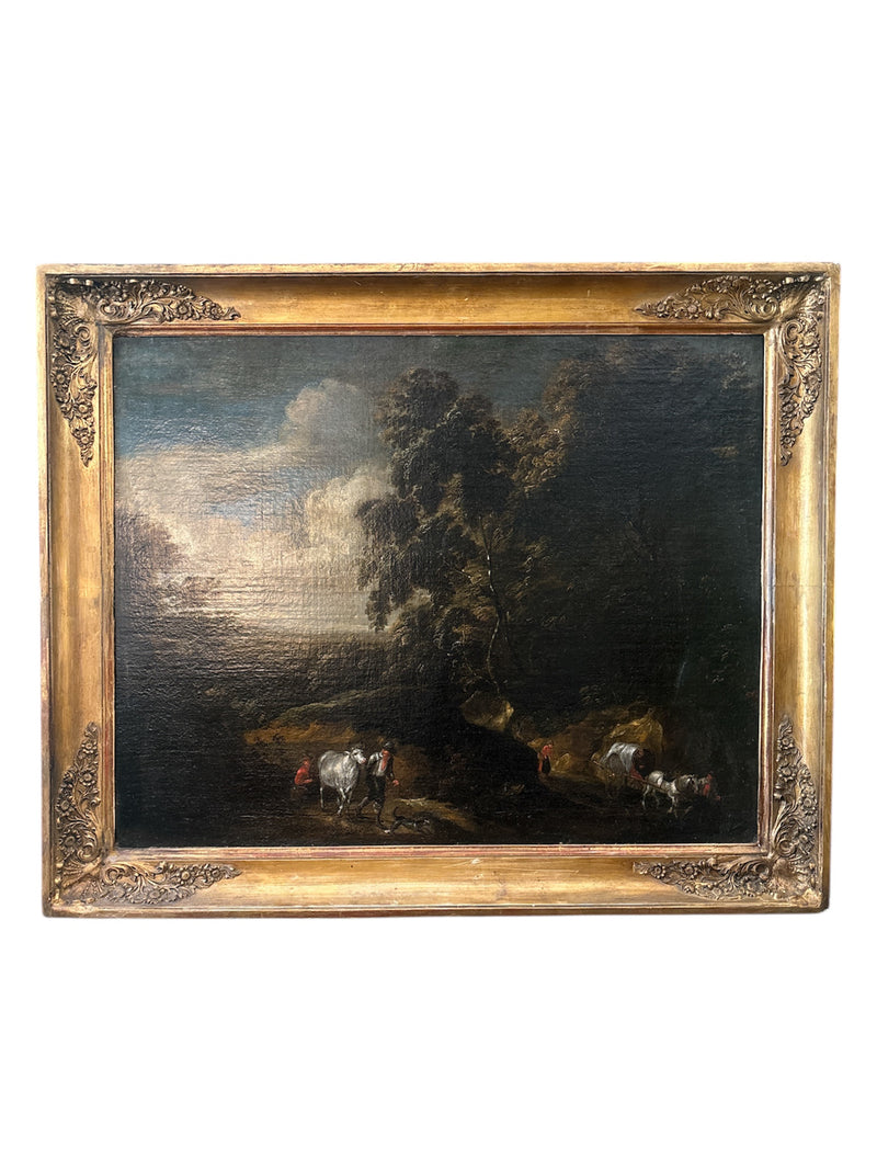 Dipinto Fiammingo Olio su Tela di Paesaggio con Figure del XVIII Secolo