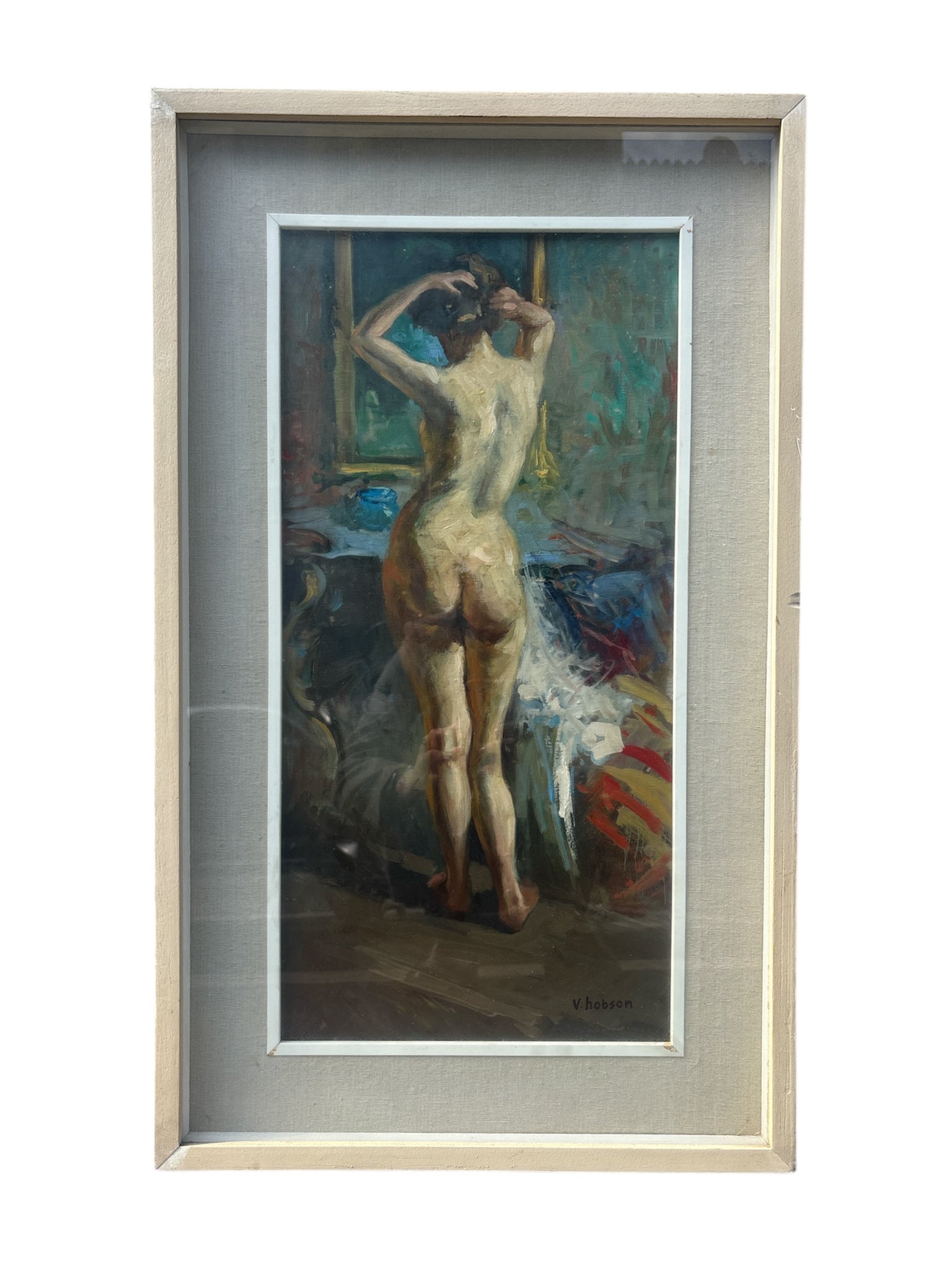 Oil Painting on Canvas of Female Nude by V. Hobson 20th Century
