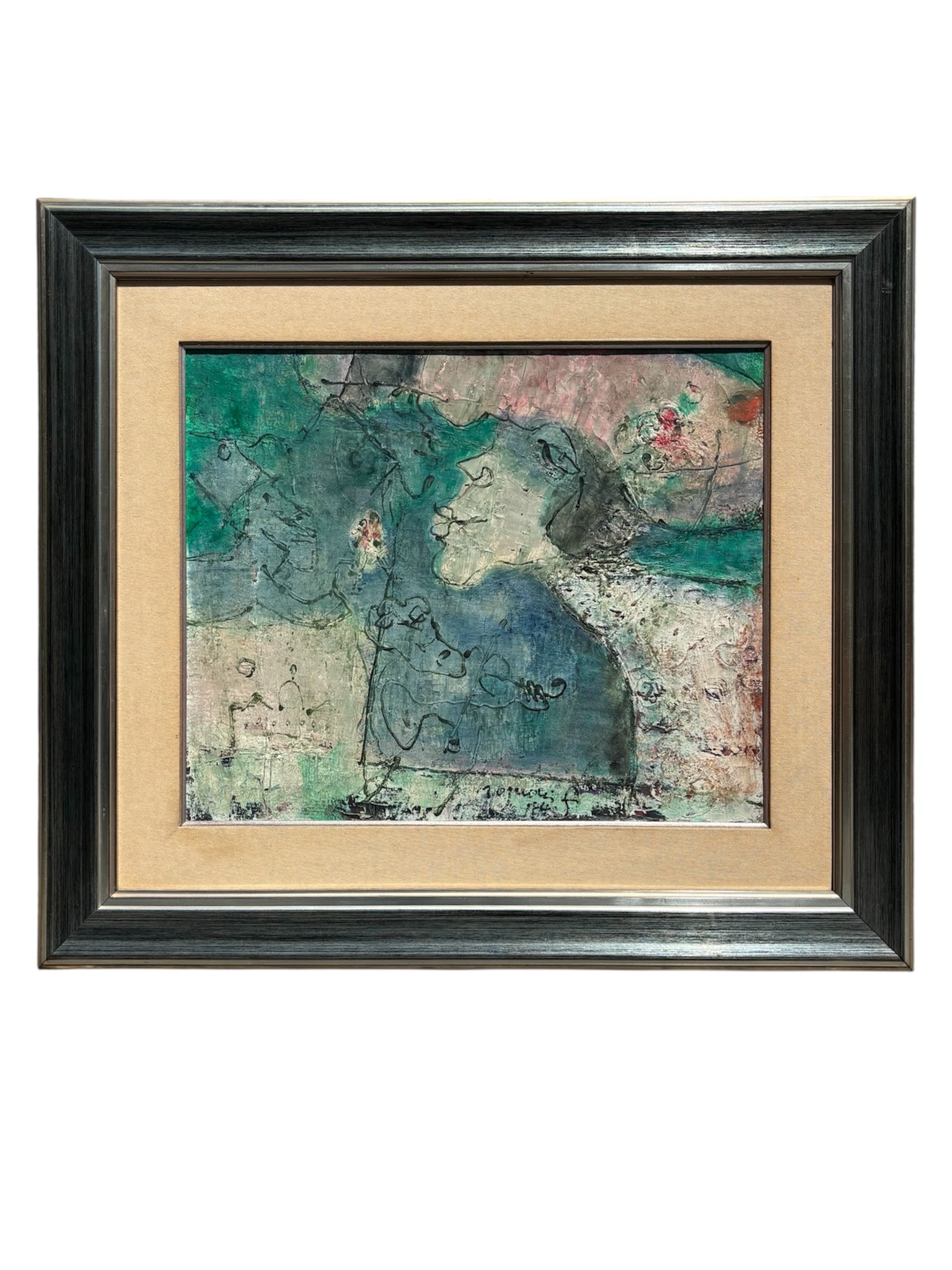 Oil Painting on Canvas by Franco Rognoni with Lady with Suitors from 1974