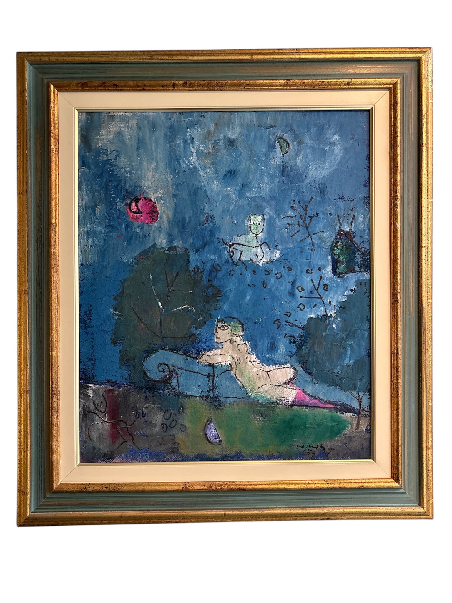 Dipinto Olio su Tela "Giardino Romantico" di Franco Rognoni del 1977