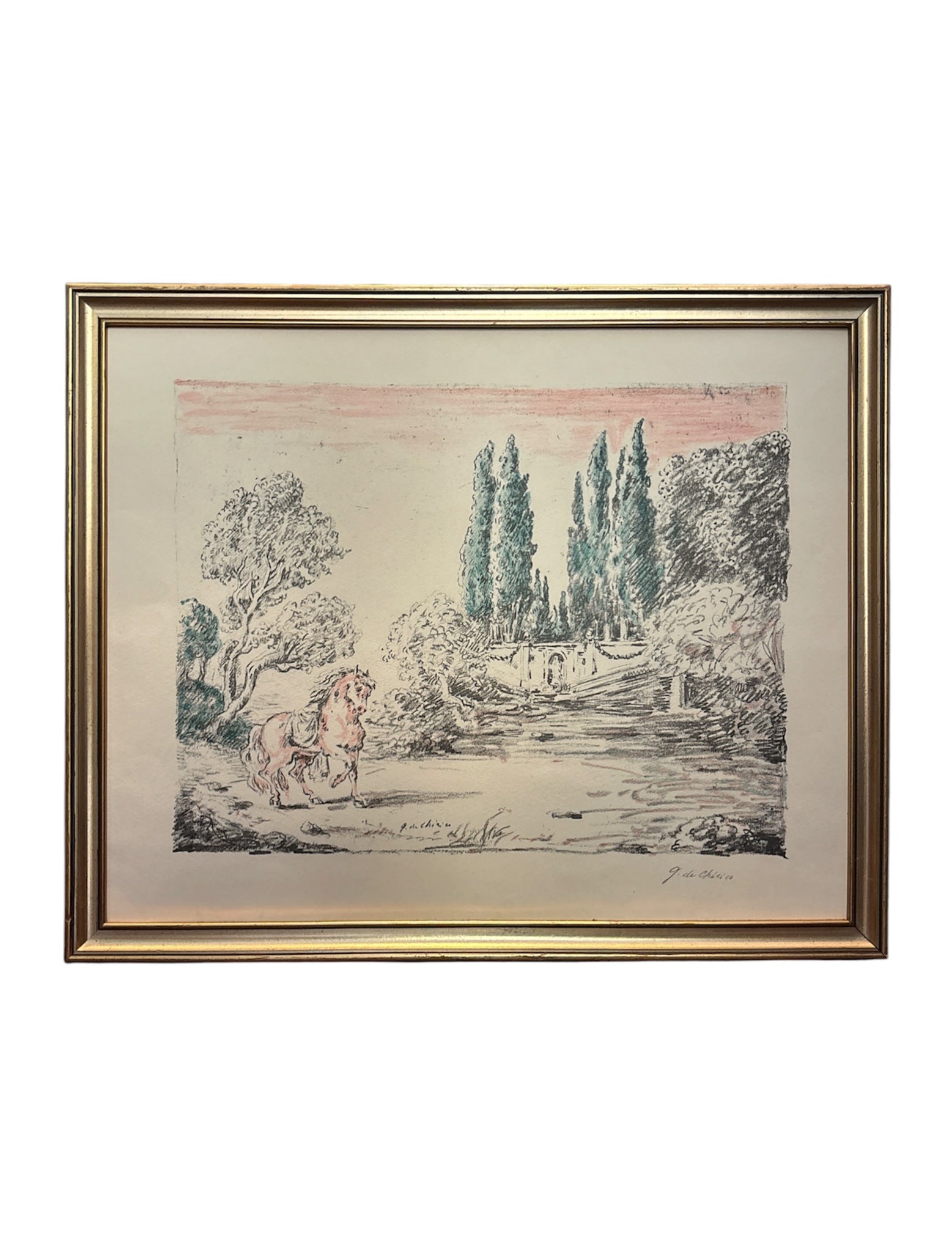 Litografia Originale a Colori 'Cavallo a Villa Falconieri' di Giorgio De Chirico del 1954