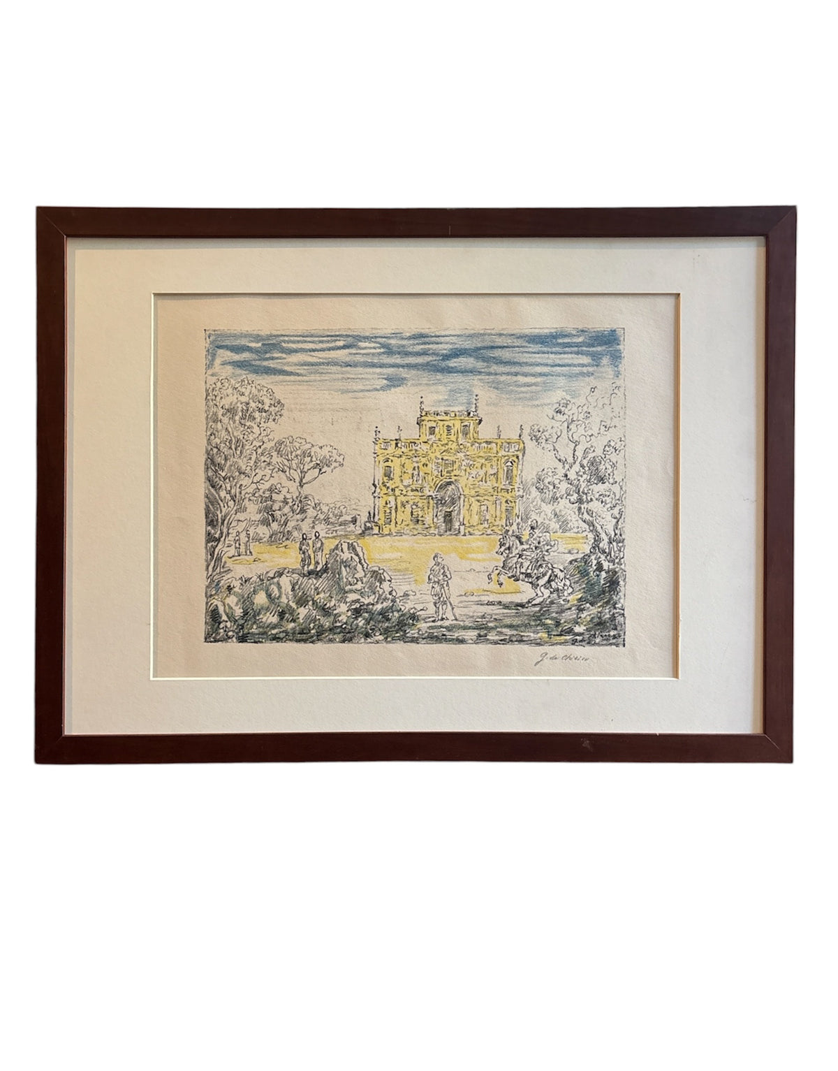 Litografia Originale a Colori 'Antichi Cavalieri e Villa' di Giorgio De Chirico del 1954