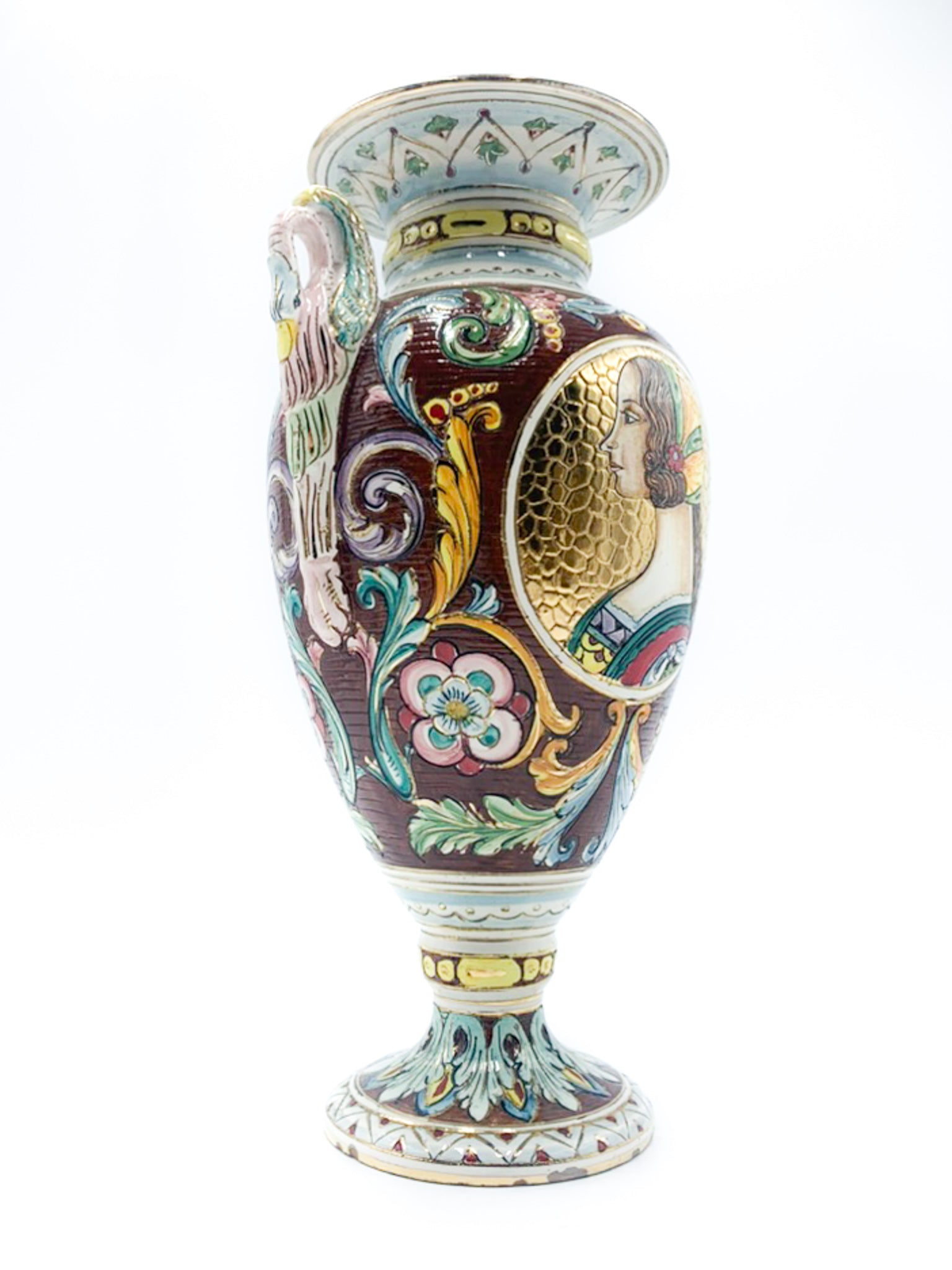 Vaso Anforato Scolpito e Dipinto a Mano in Ceramica Deruta Anni 50