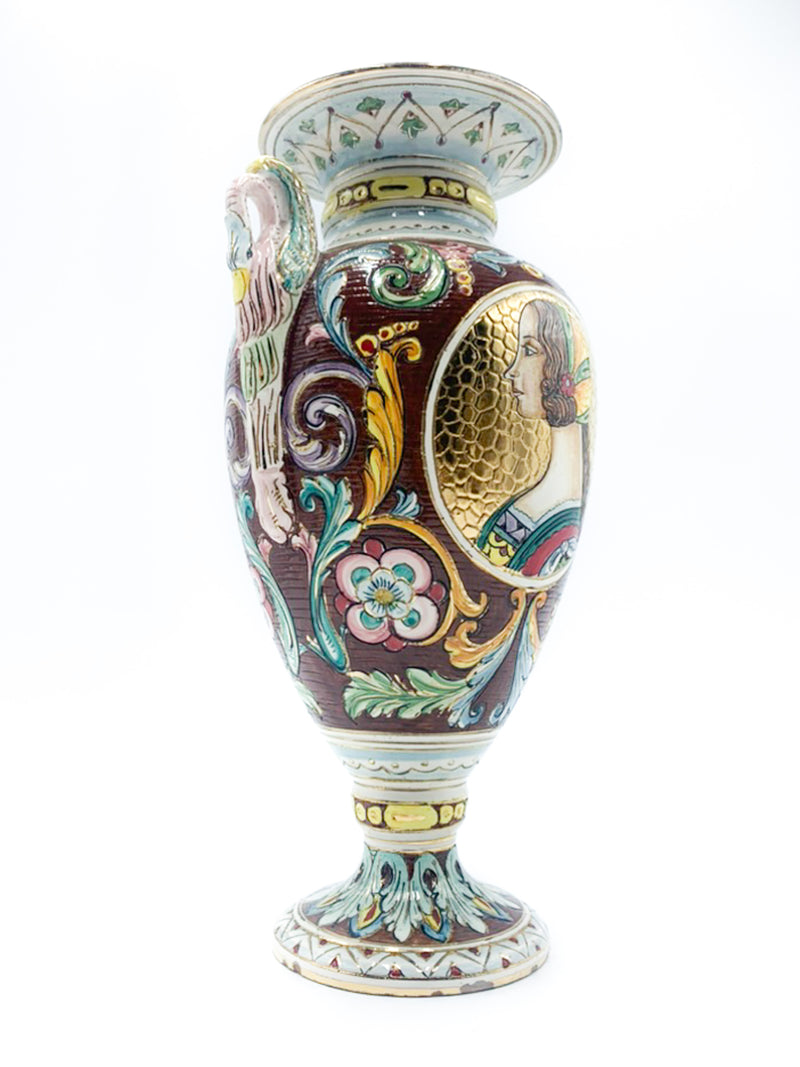 Carved and Hand Painted Amphorated Vase in Deruta Ceramic from the 1950s