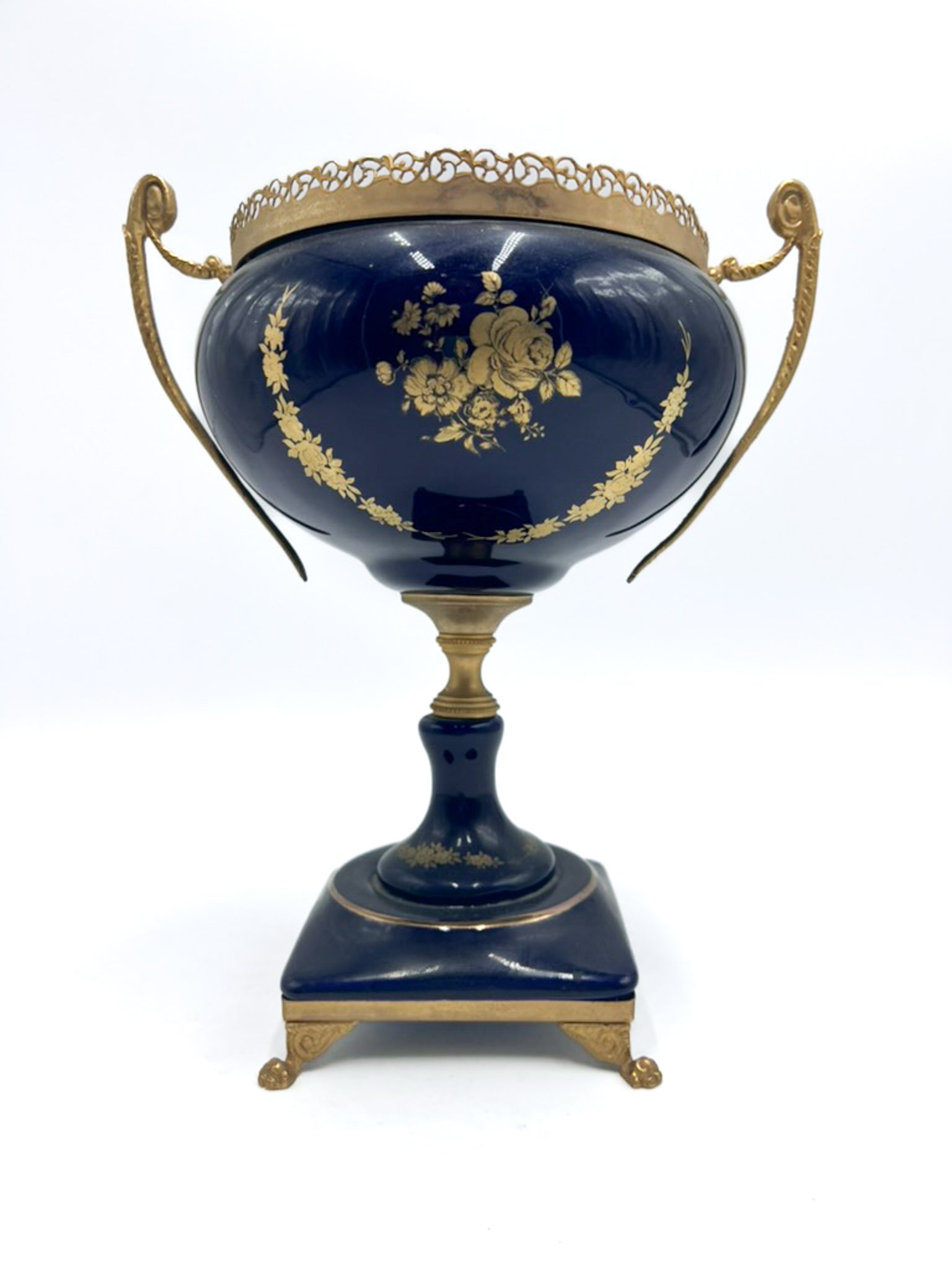 Vaso in Ceramica Francese Blu e Bronzo Anni 40