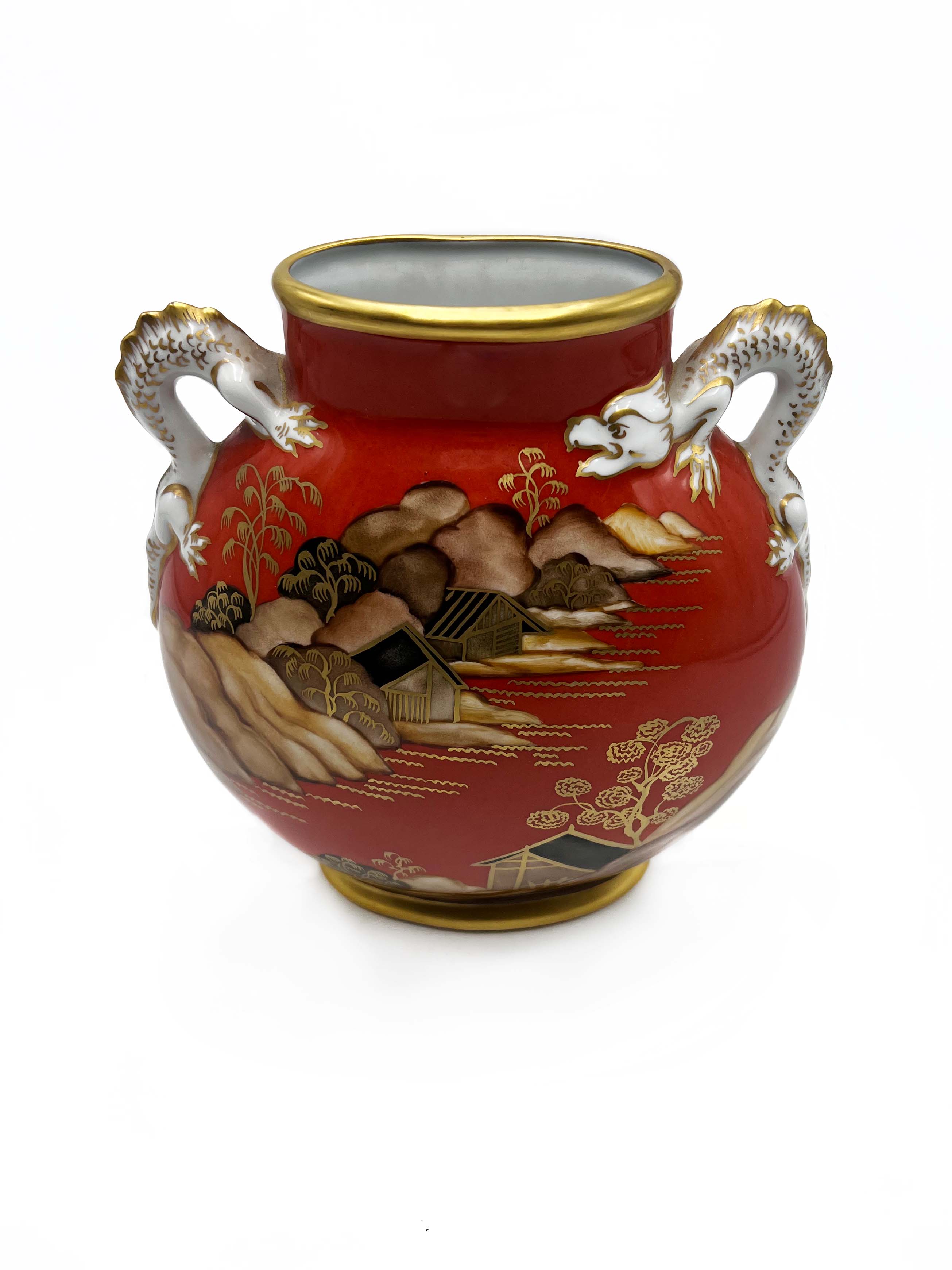 Vaso in Ceramica Arancione e Decorata Dipinta a Mano Anni 50