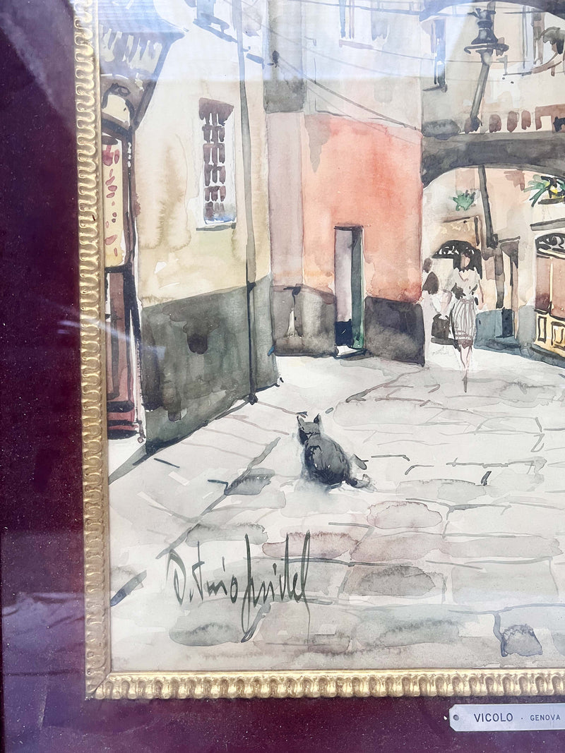 Watercolor painting of Vicolo di Genova by Antonio Pridel 1960s