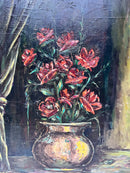 Dipinto Olio su Tela di Vaso con Fiori Rossi Anni 50