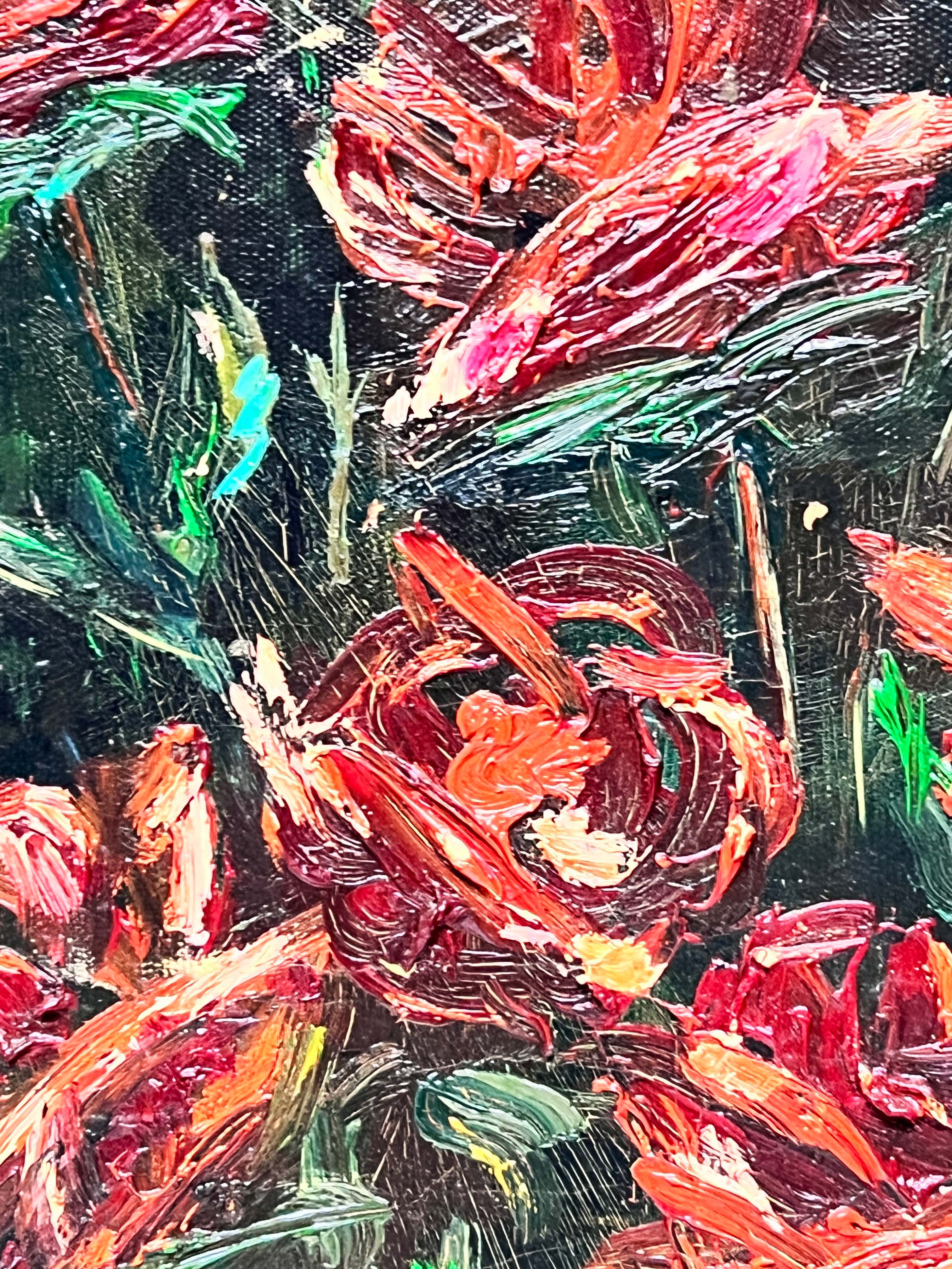 Oil Painting on Canvas of Vase with Red Flowers from the 1950s