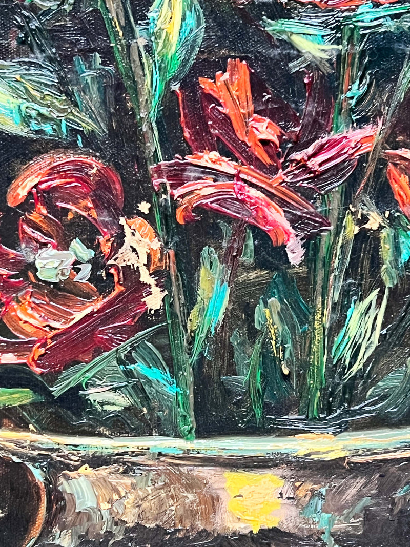 Dipinto Olio su Tela di Vaso con Fiori Rossi Anni 50