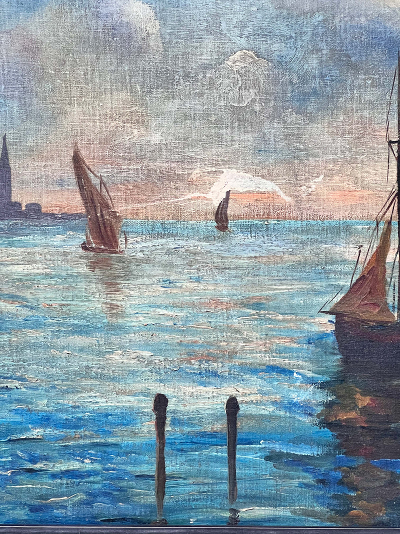 Oil Painting on Plywood of a Marina by T. Morelli 1940s