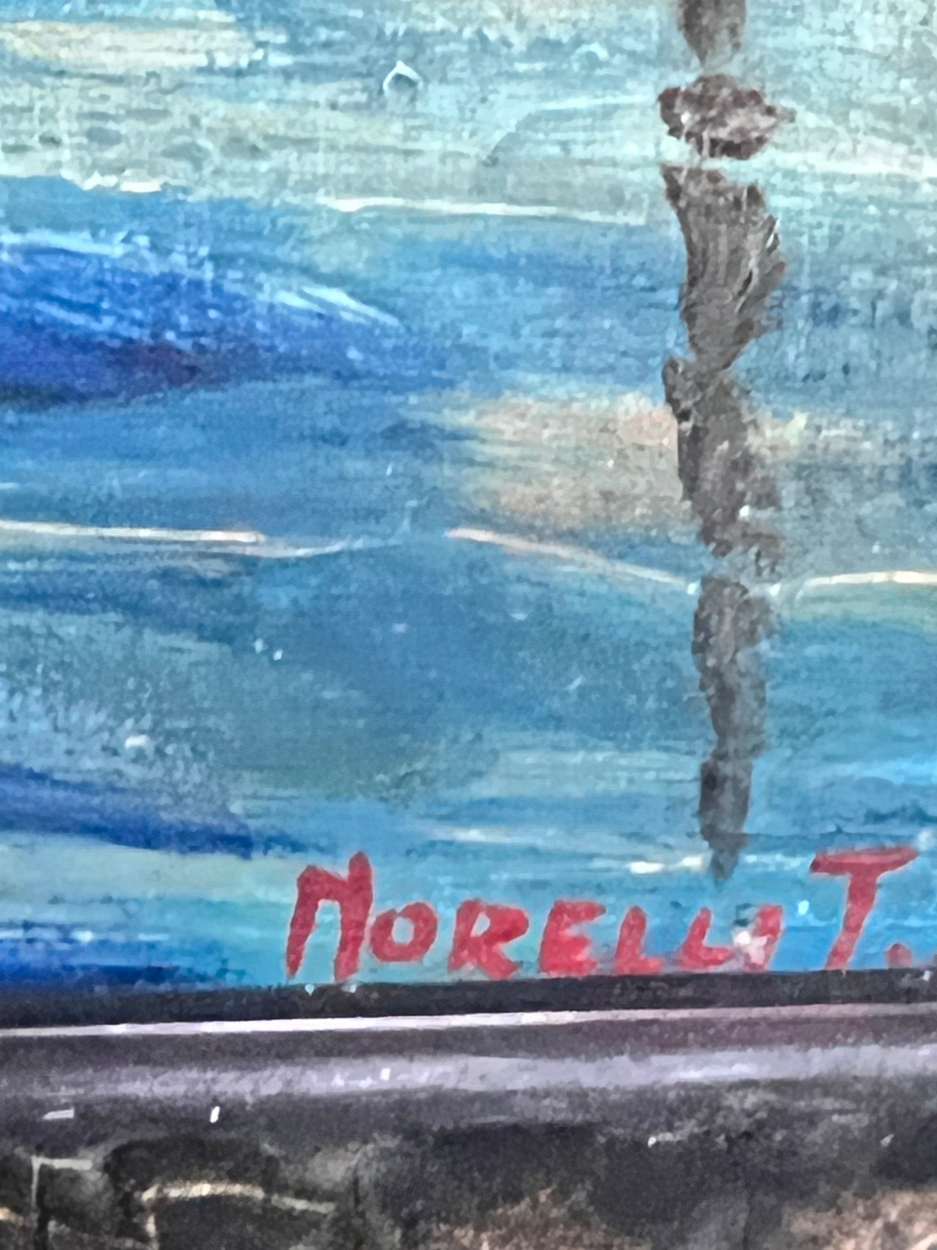 Oil Painting on Plywood of a Marina by T. Morelli 1940s