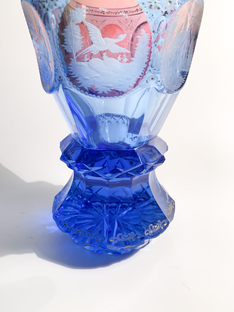 Bicchiere in Cristallo Biedermeier Blu con Decorazioni ad Acido del 1800