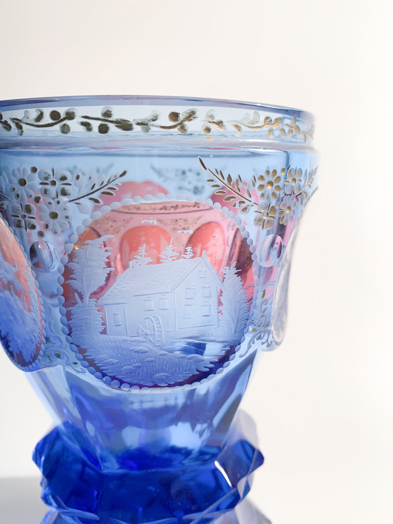 Bicchiere in Cristallo Biedermeier Blu con Decorazioni ad Acido del 1800
