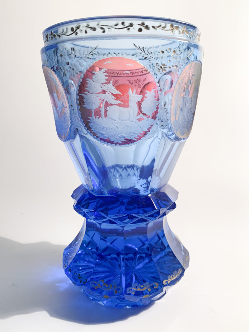Bicchiere in Cristallo Biedermeier Blu con Decorazioni ad Acido del 1800