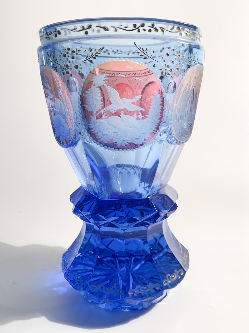 Bicchiere in Cristallo Biedermeier Blu con Decorazioni ad Acido del 1800