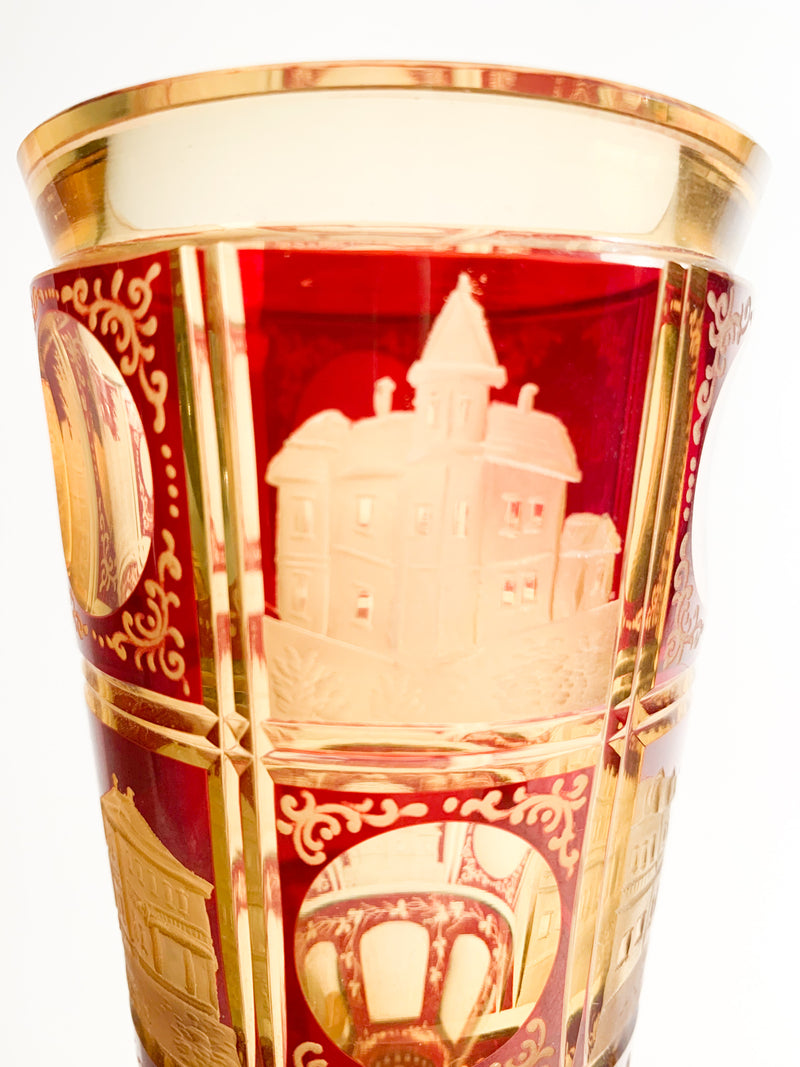 Bicchiere in Cristallo Biedermeier Rosso e Giallo Decorato ad Acido del 1800
