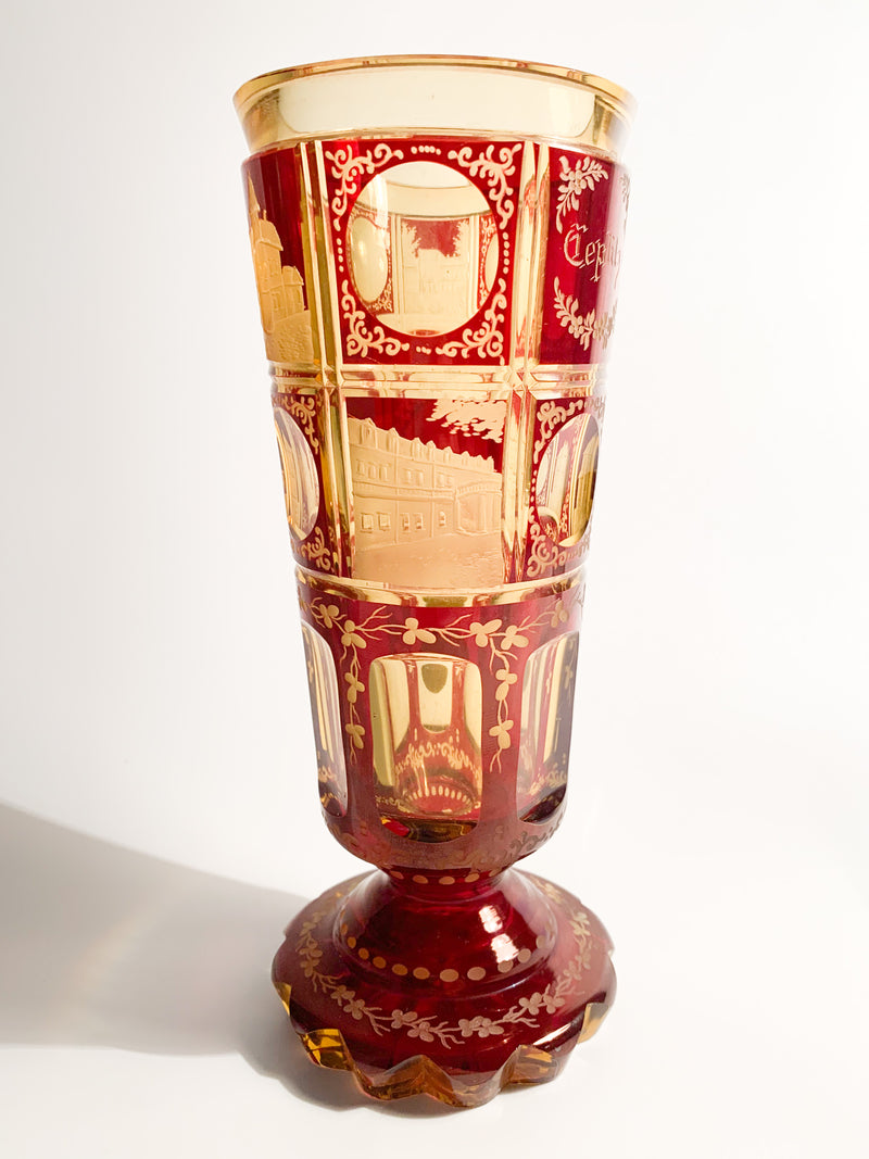 Bicchiere in Cristallo Biedermeier Rosso e Giallo Decorato ad Acido del 1800