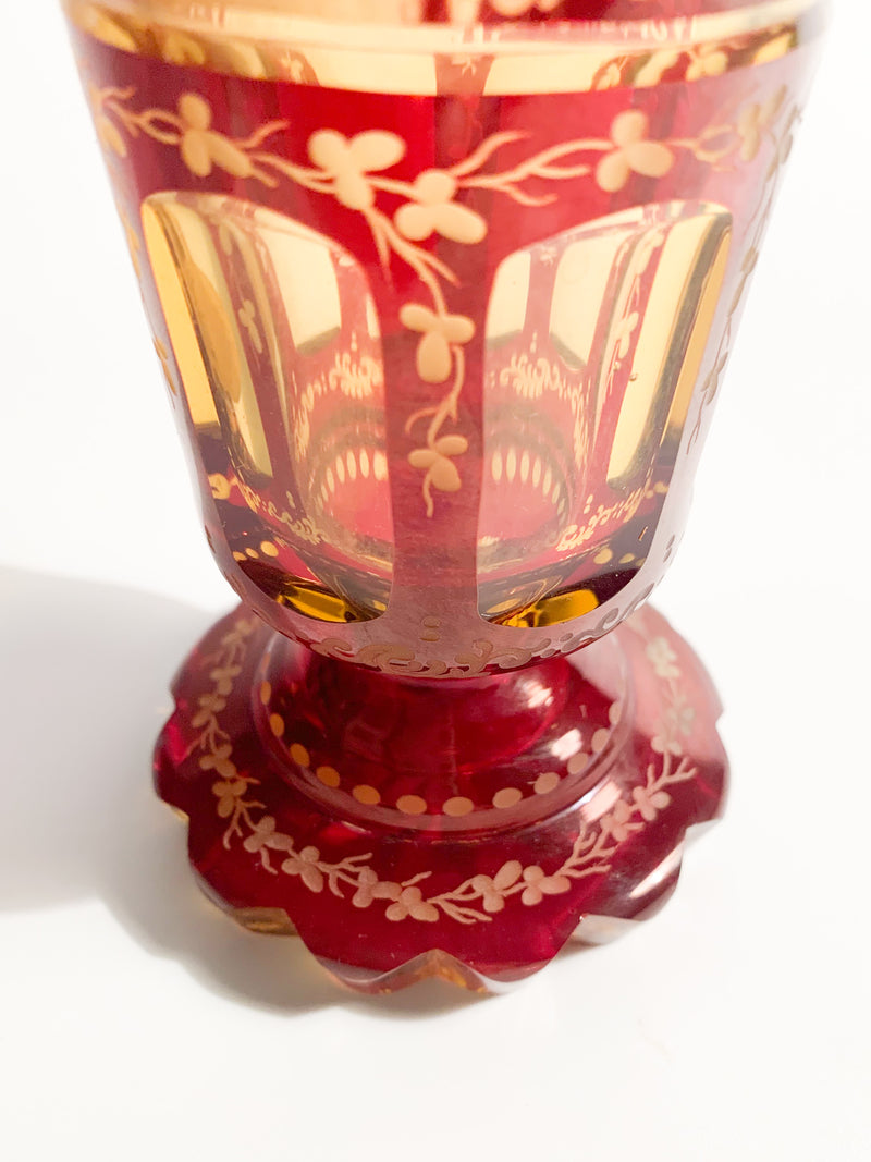 Bicchiere in Cristallo Biedermeier Rosso e Giallo Decorato ad Acido del 1800