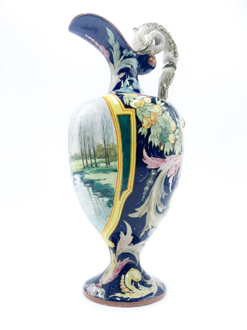 Sculpted and hand painted Faenza ceramic pitcher from the 1940s