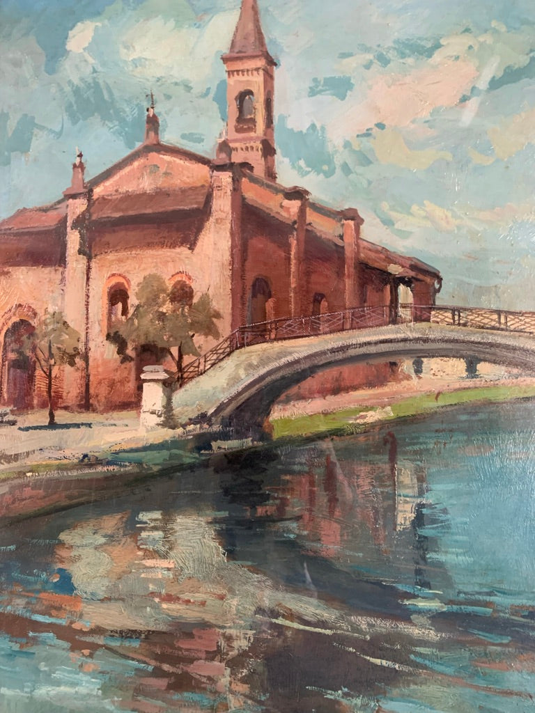 Oil painting on canvas of San Cristoforo in Milan by Lamberto Lamberti 1950s