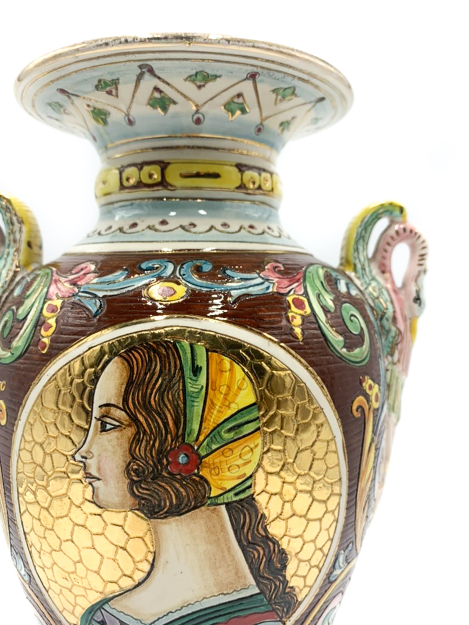 Vaso Anforato Scolpito e Dipinto a Mano in Ceramica Deruta Anni 50