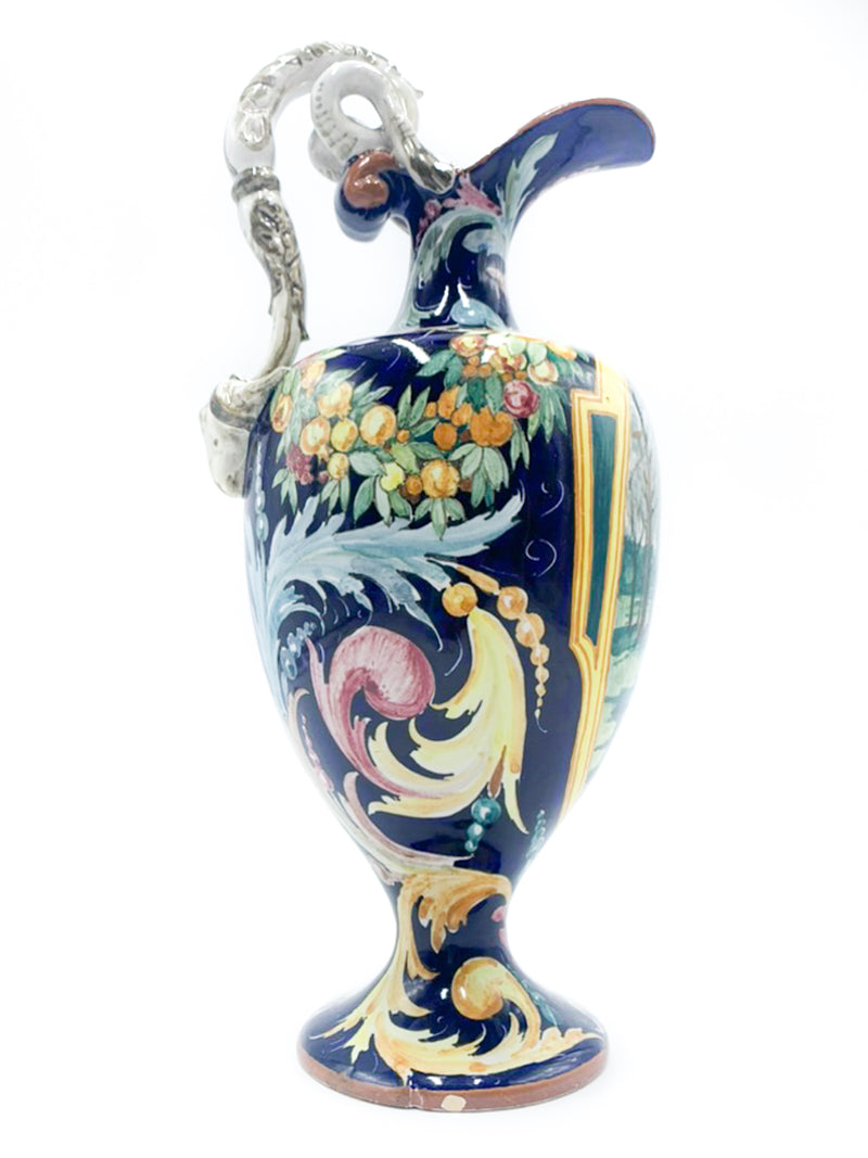 Sculpted and hand painted Faenza ceramic pitcher from the 1940s