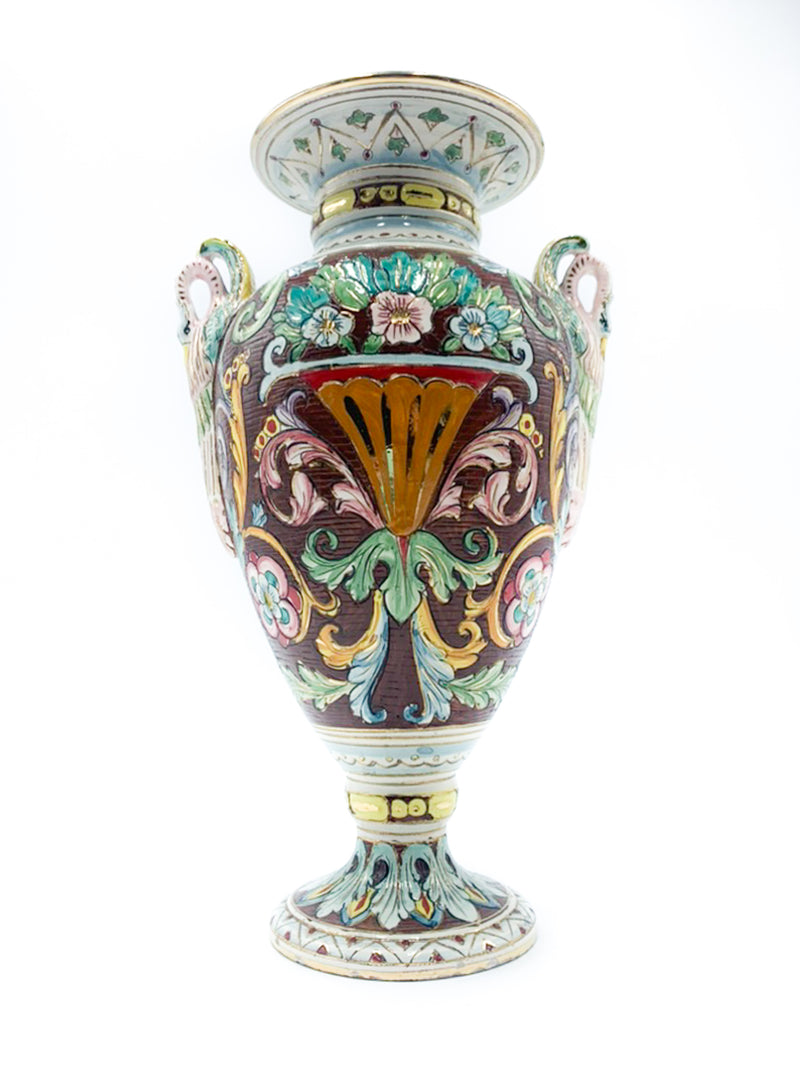 Carved and Hand Painted Amphorated Vase in Deruta Ceramic from the 1950s