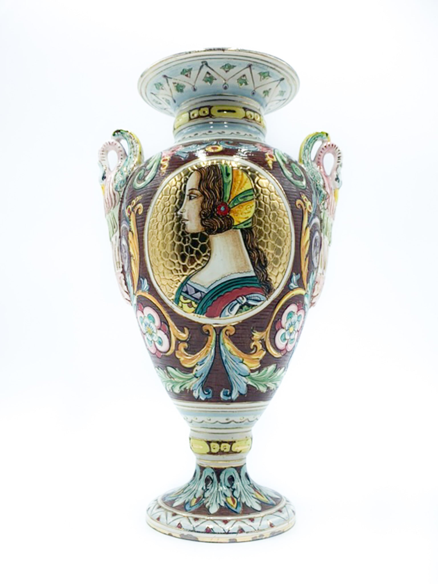 Vaso Anforato Scolpito e Dipinto a Mano in Ceramica Deruta Anni 50