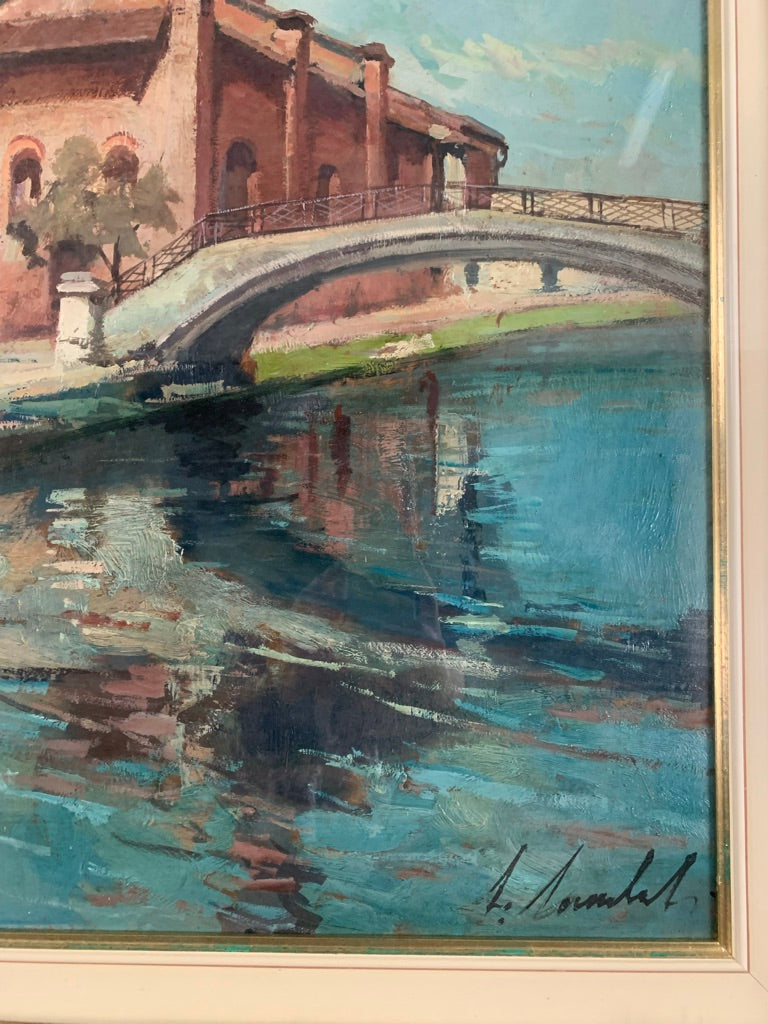 Dipinto Olio su Tela di San Cristoforo a Milano di Lamberto Lamberti Anni 50