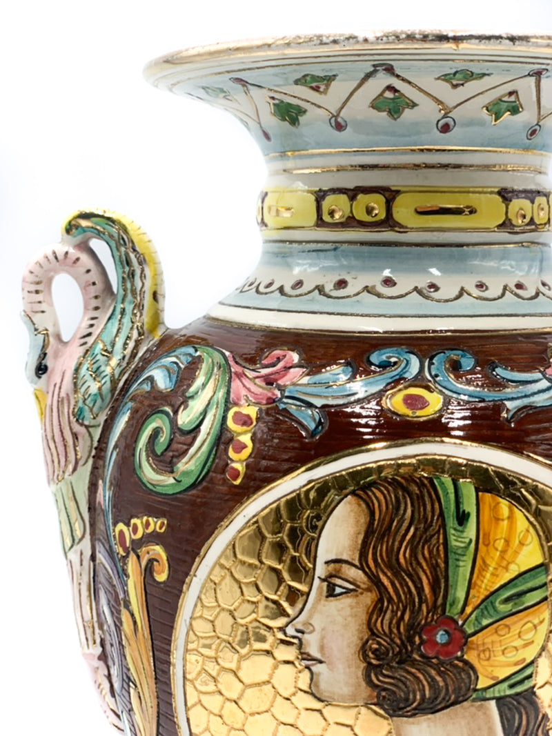 Vaso Anforato Scolpito e Dipinto a Mano in Ceramica Deruta Anni 50