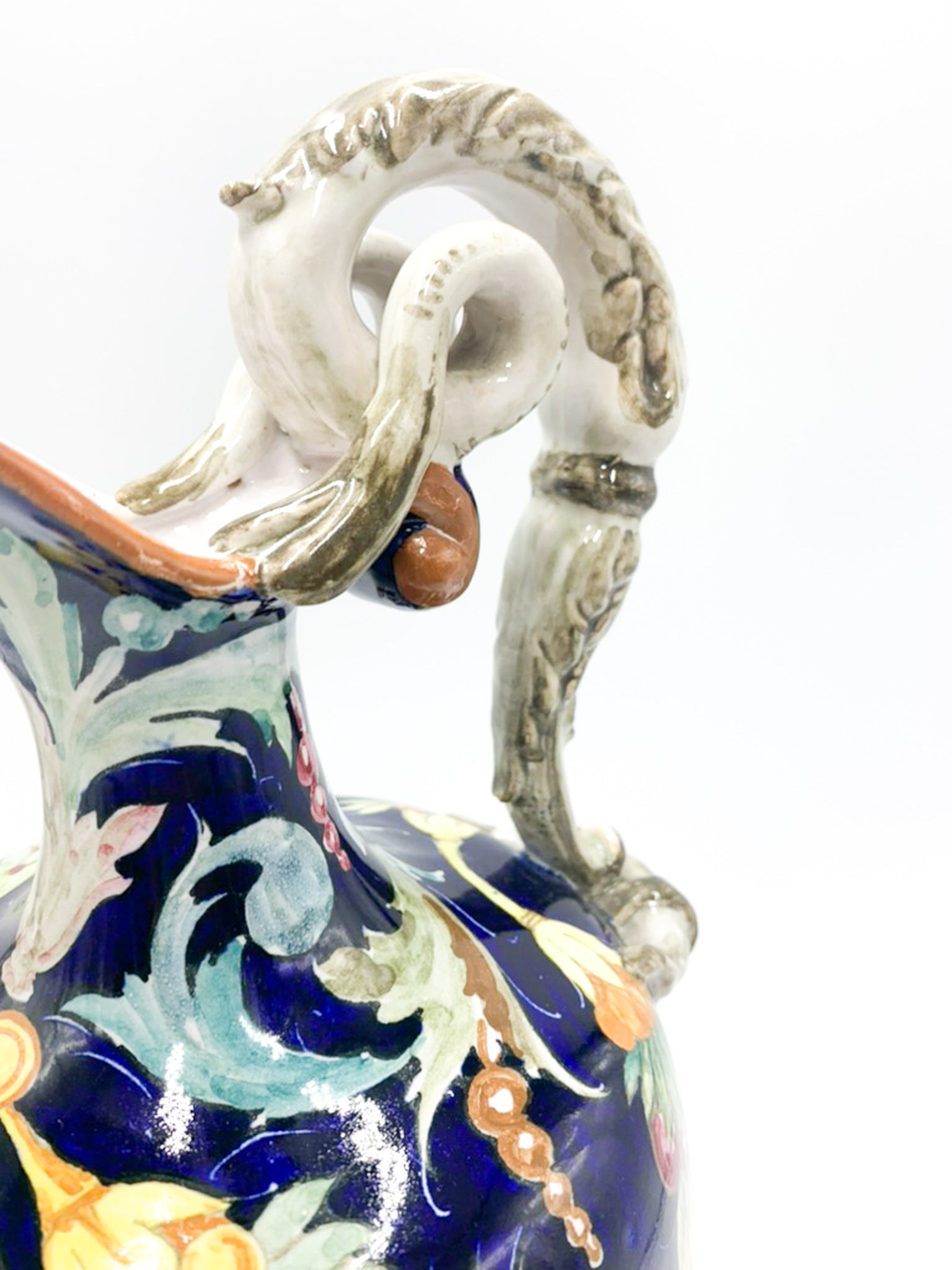 Brocca in Ceramica di Faenza Scolpita e Dipinta a Mano Anni 40