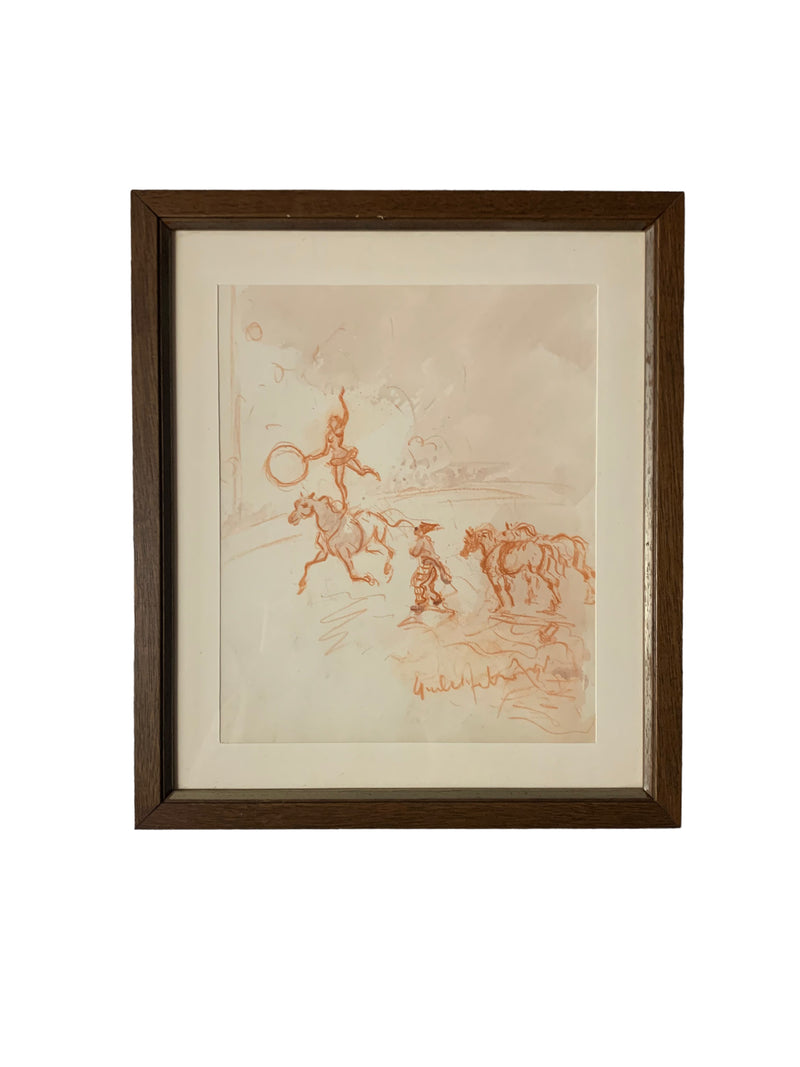 Set of Four Blood Drawings by Giulio Falzoni in Pastel and Watercolor from the 1960s