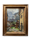 Dipinto Olio su Tela di Paese con Chiesa di Giovanni Sirombo Anni 40