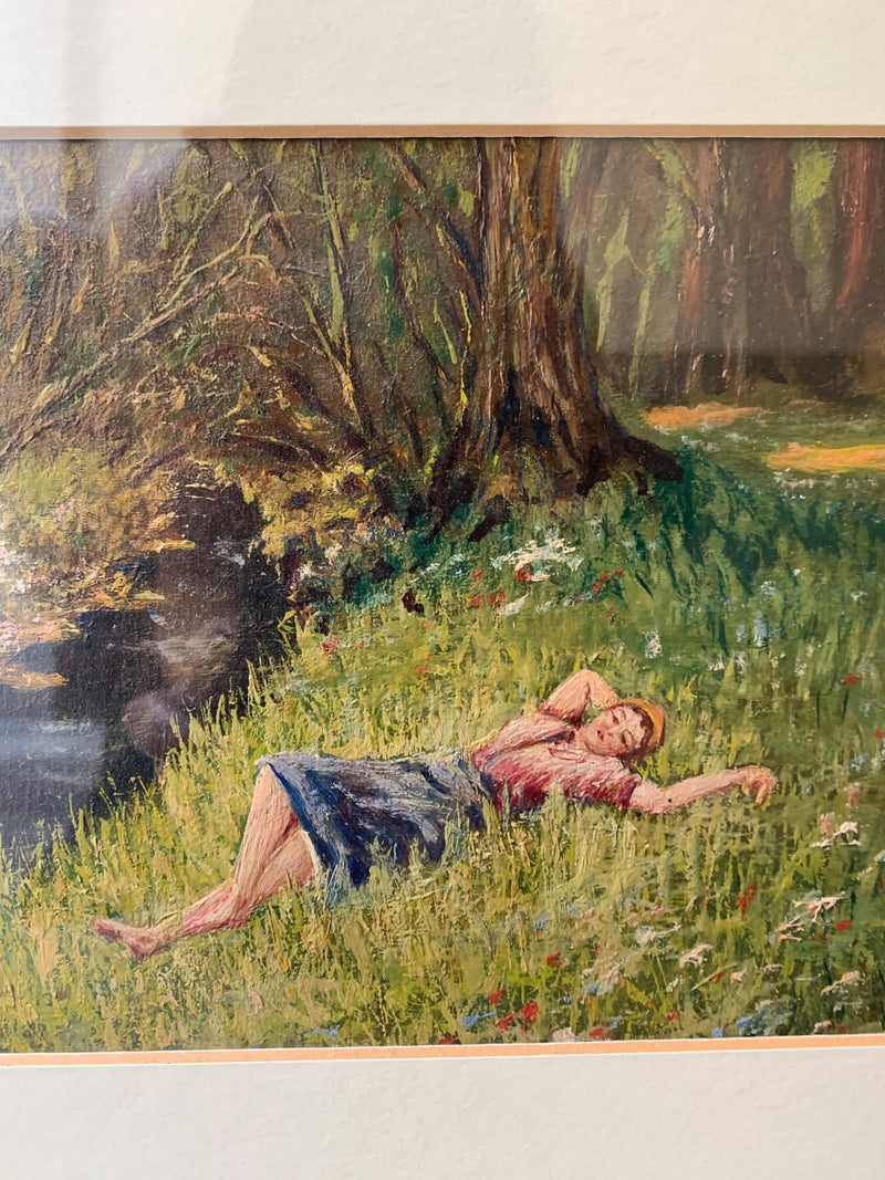 Oil Painting on Canvas of Woman Lying on the Meadow 1950s