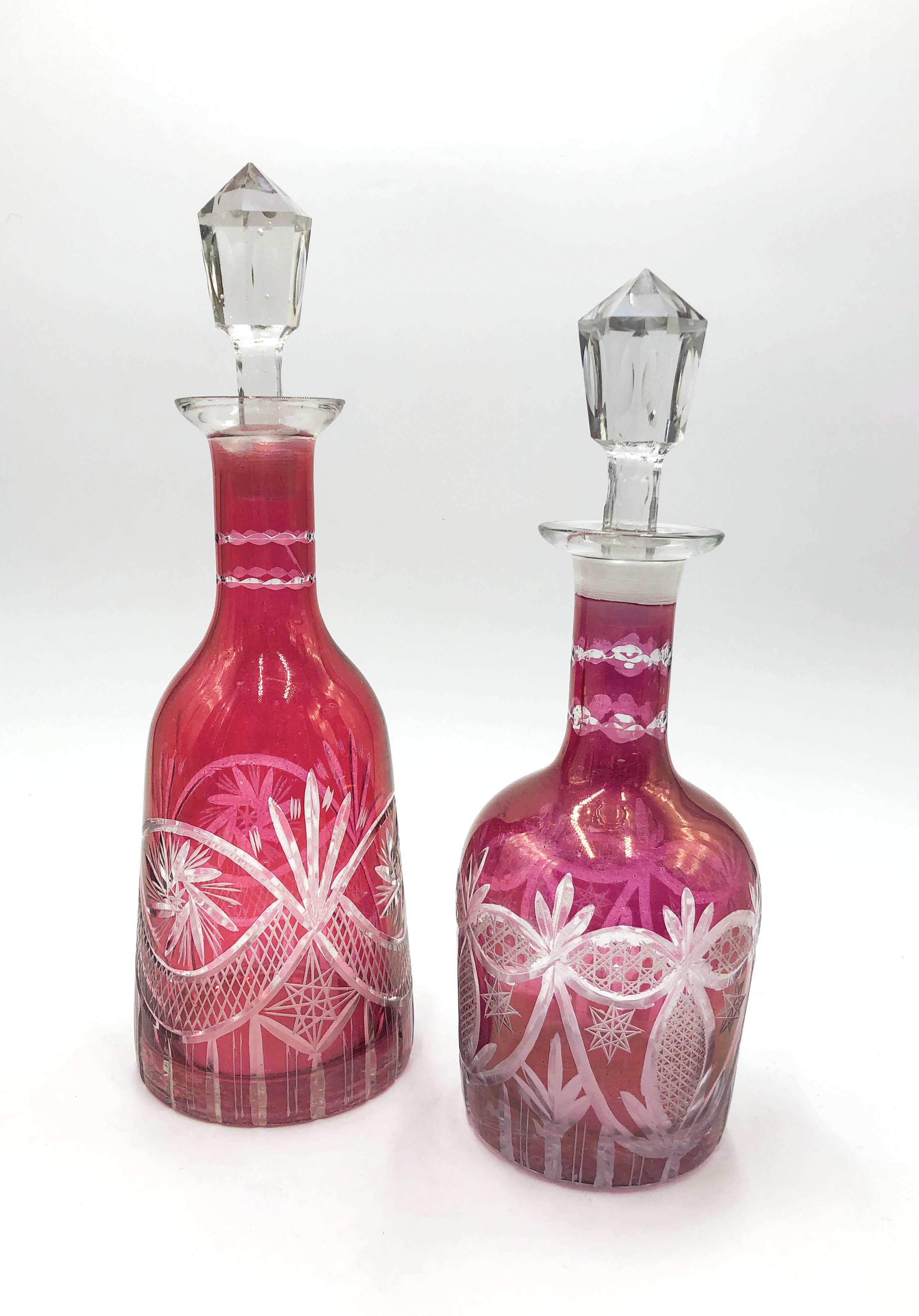 Pair of 50's Engraved Bohemian Crystal Liqueur Bottles