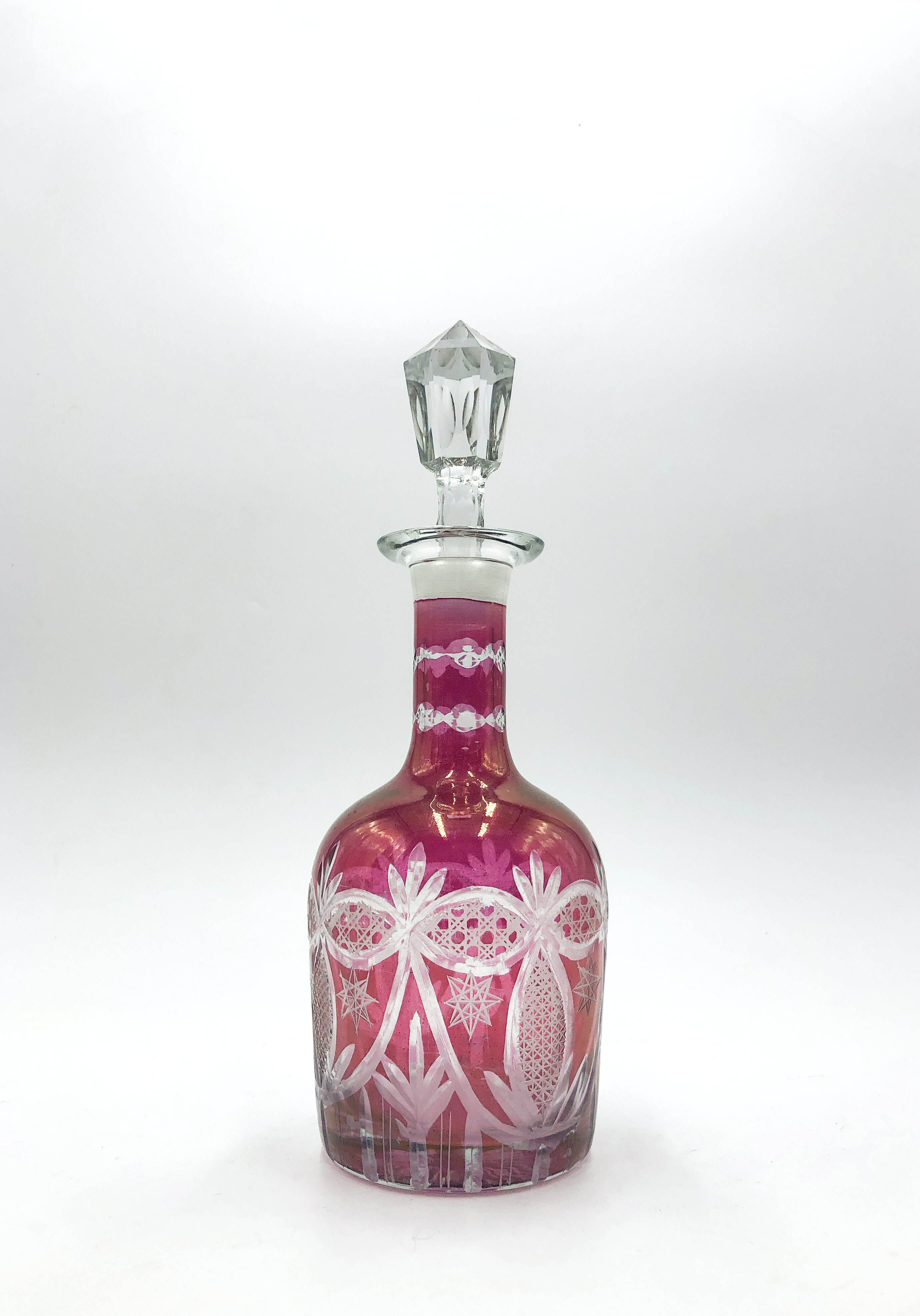 Pair of 50's Engraved Bohemian Crystal Liqueur Bottles