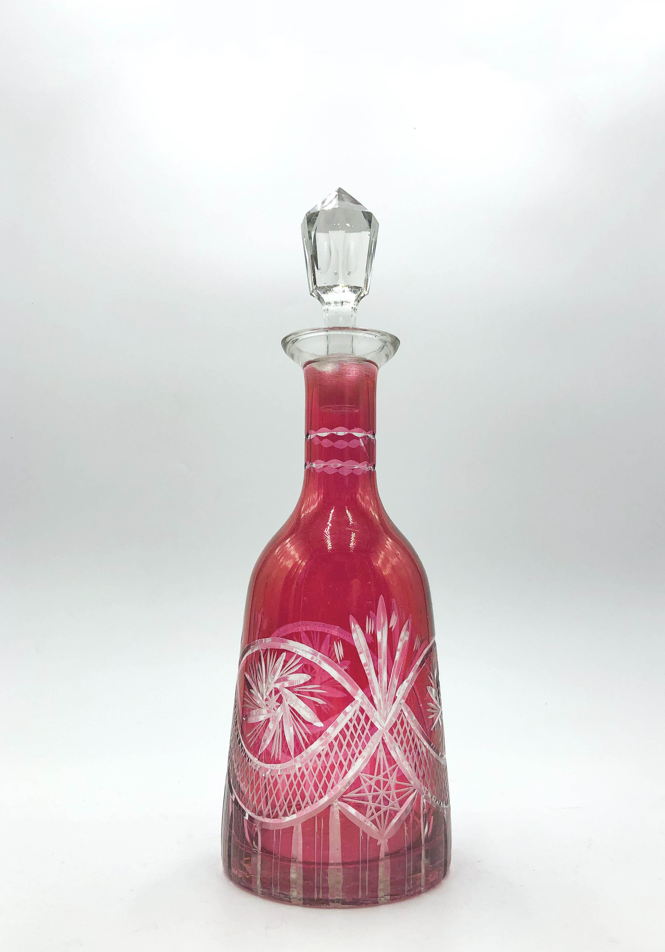 Pair of 50's Engraved Bohemian Crystal Liqueur Bottles