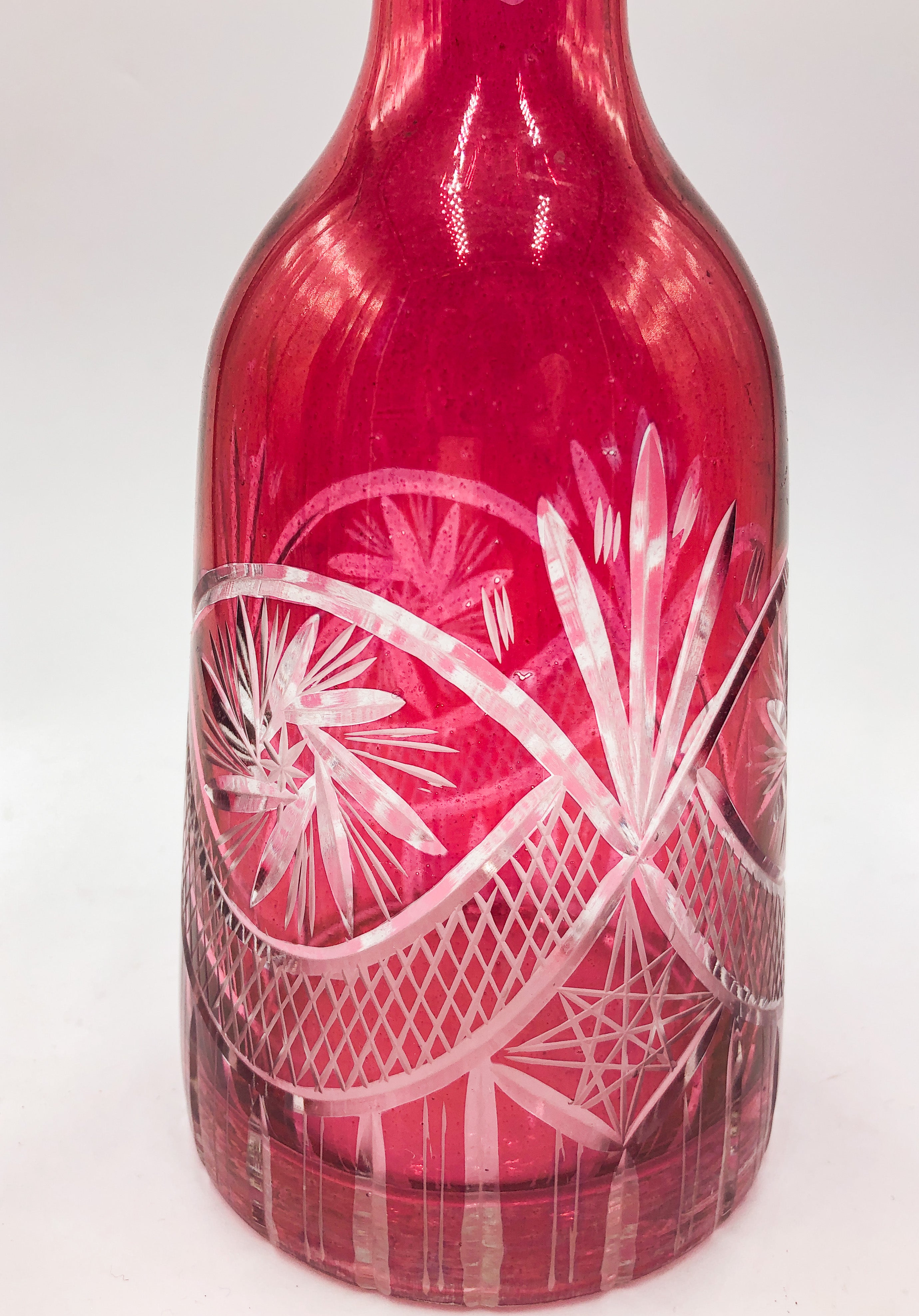 Pair of 50's Engraved Bohemian Crystal Liqueur Bottles