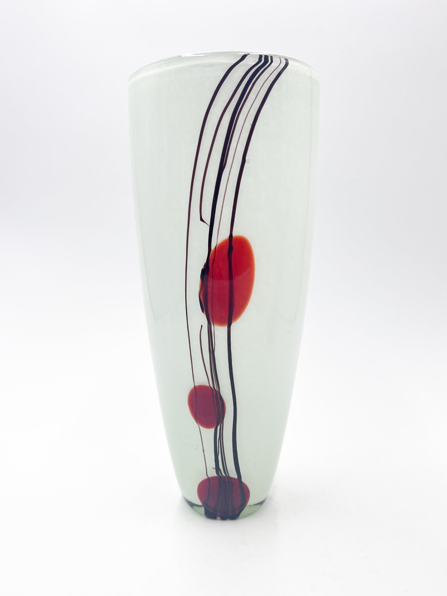 Vaso in Vetro di Murano Bianco con Decorazioni Rosse e Nere Anni 70