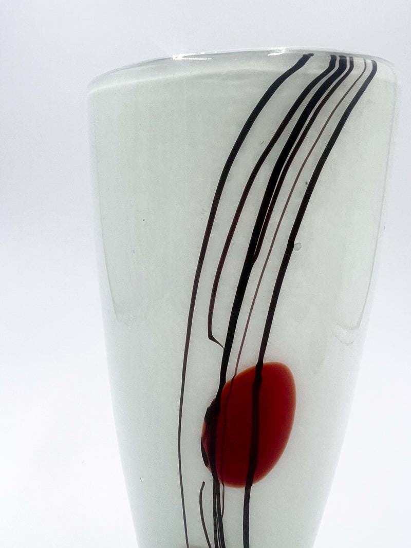 White Murano Glass Vase with Red and Black Decorations from the 80s