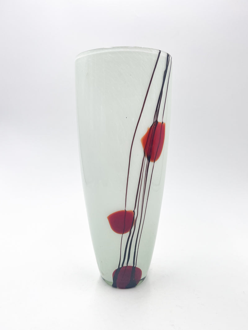 White Murano Glass Vase with Red and Black Decorations from the 80s