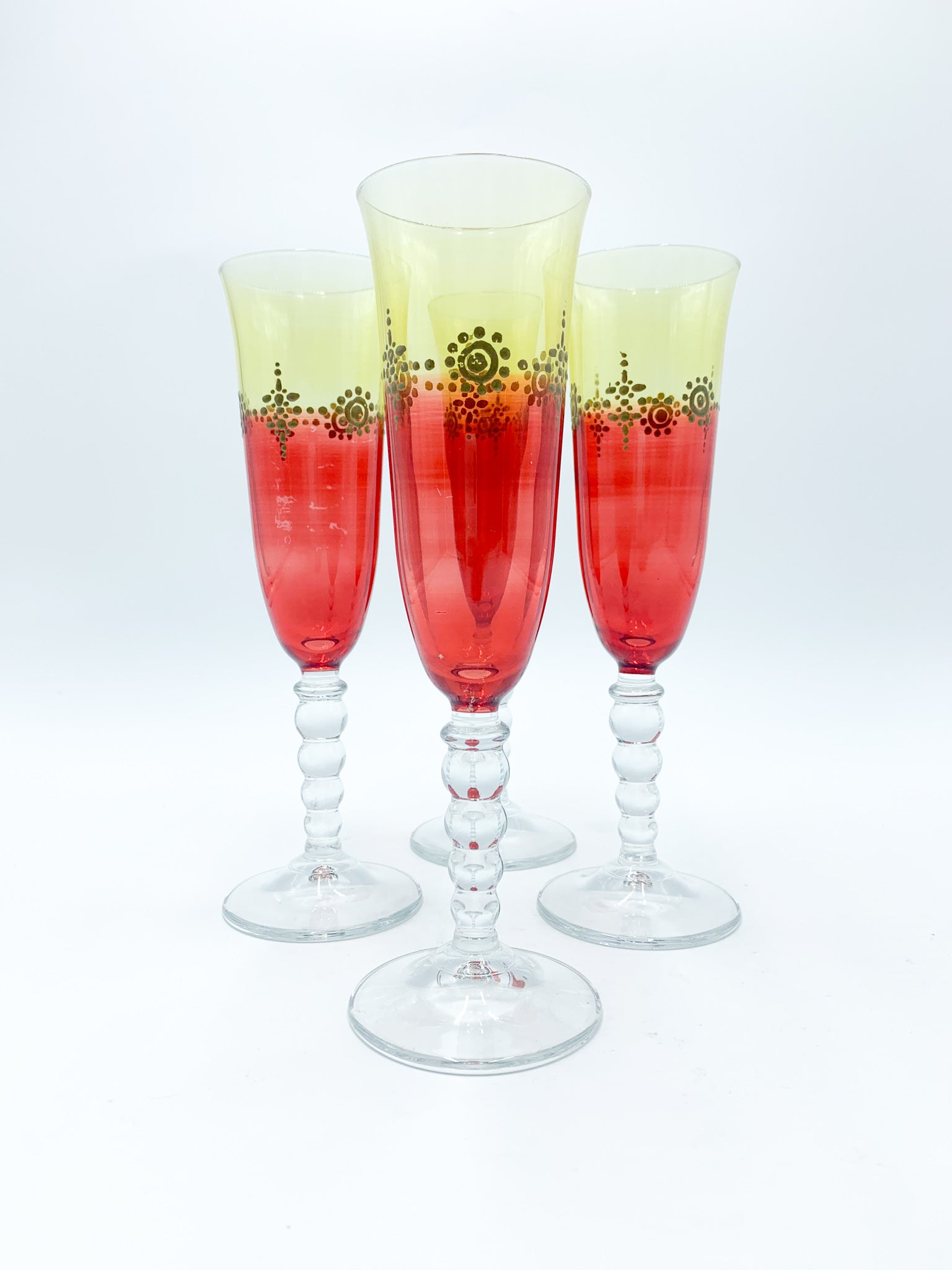 Set da Quattro Calici in Vetro di Murano Gialli e Rossi Anni 40